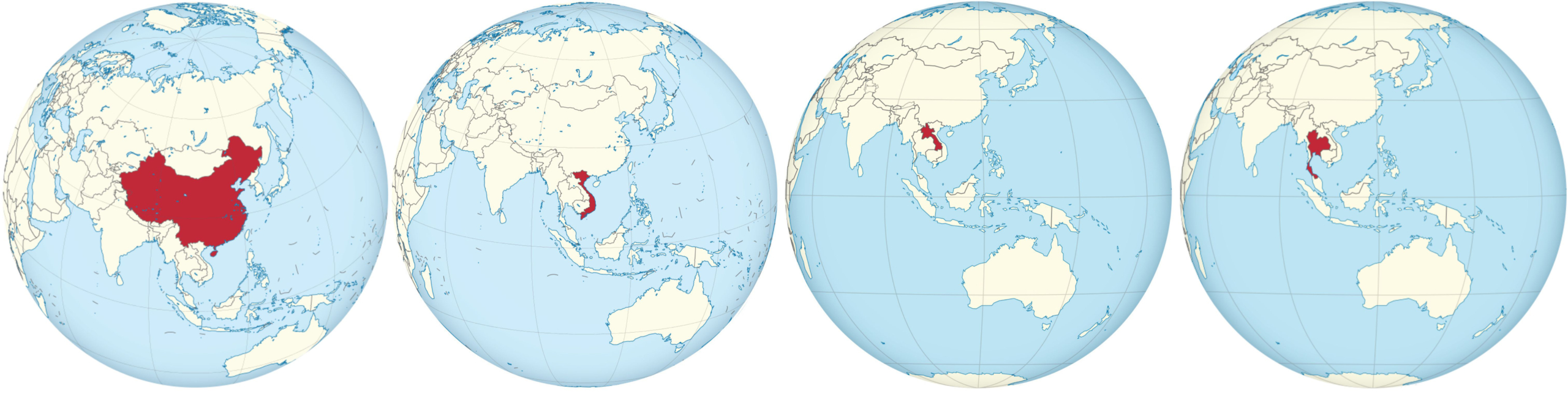 China, Vietnam, Laos, Thailand on the globe