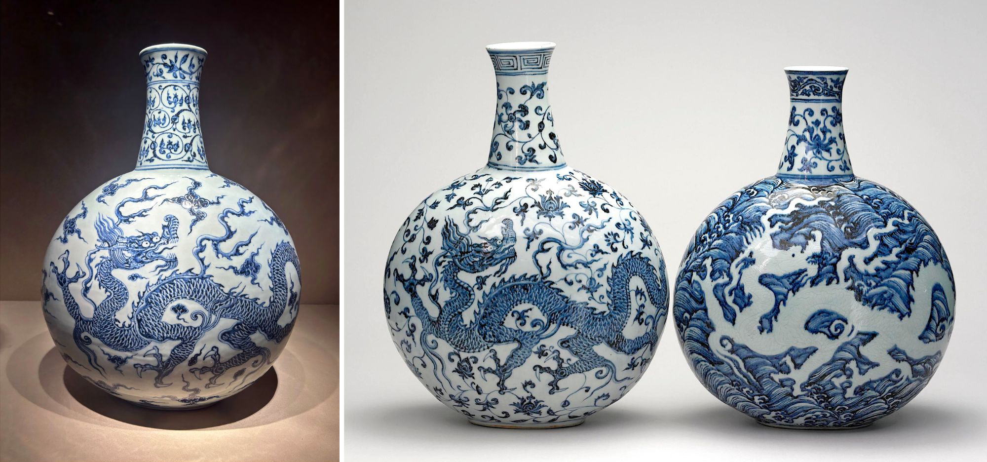 Three Xuande dragon bottles