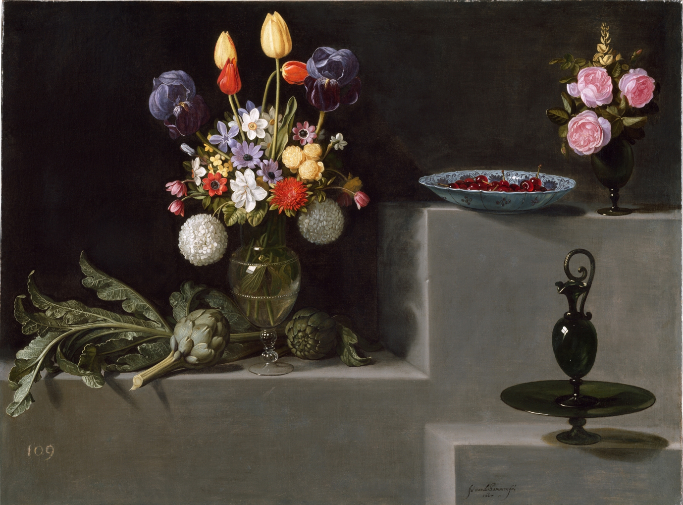 Still Life with Artichokes,Flowers and Glass Vessels