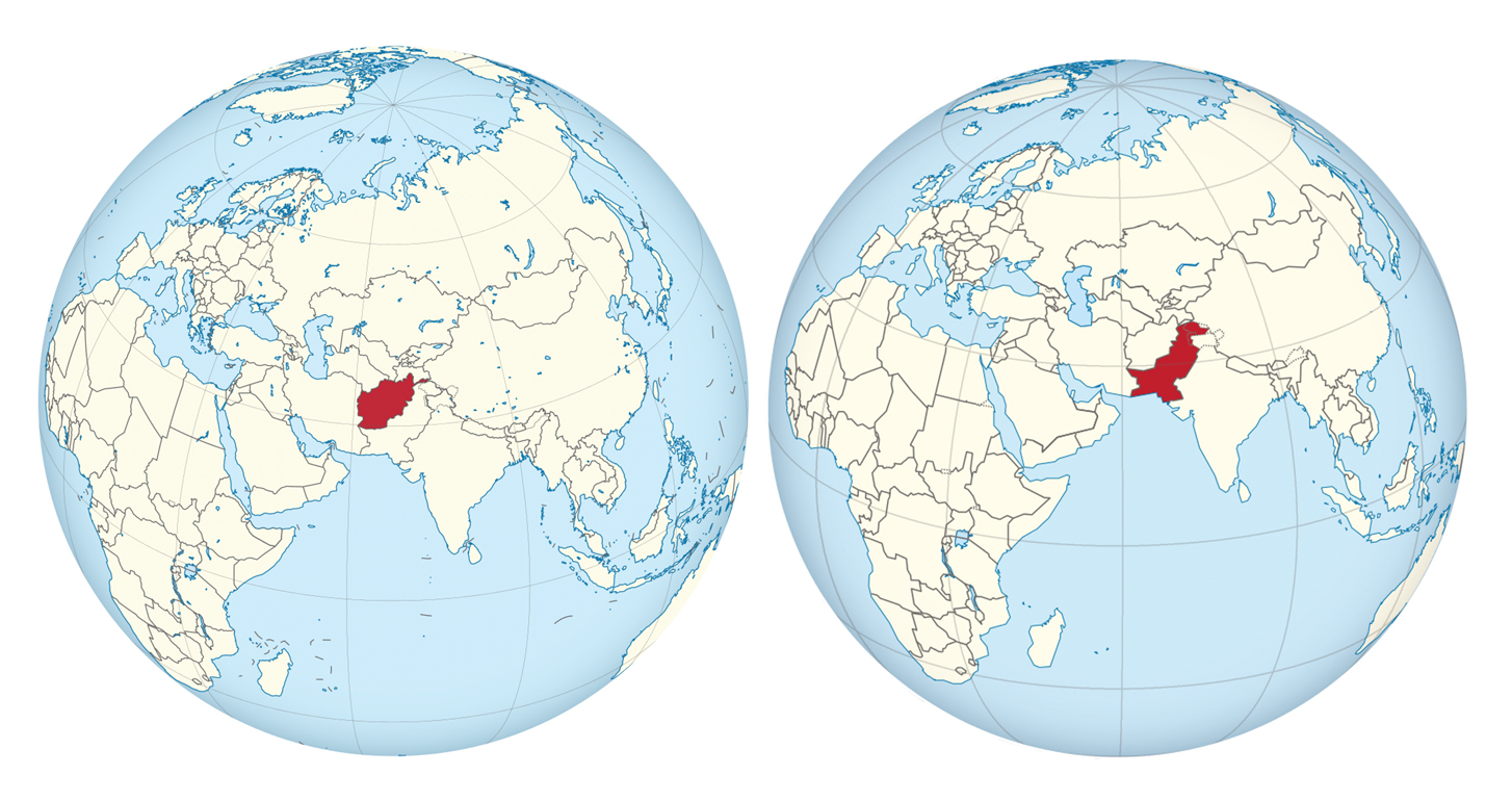 Afghanistan and Pakistan on the globe