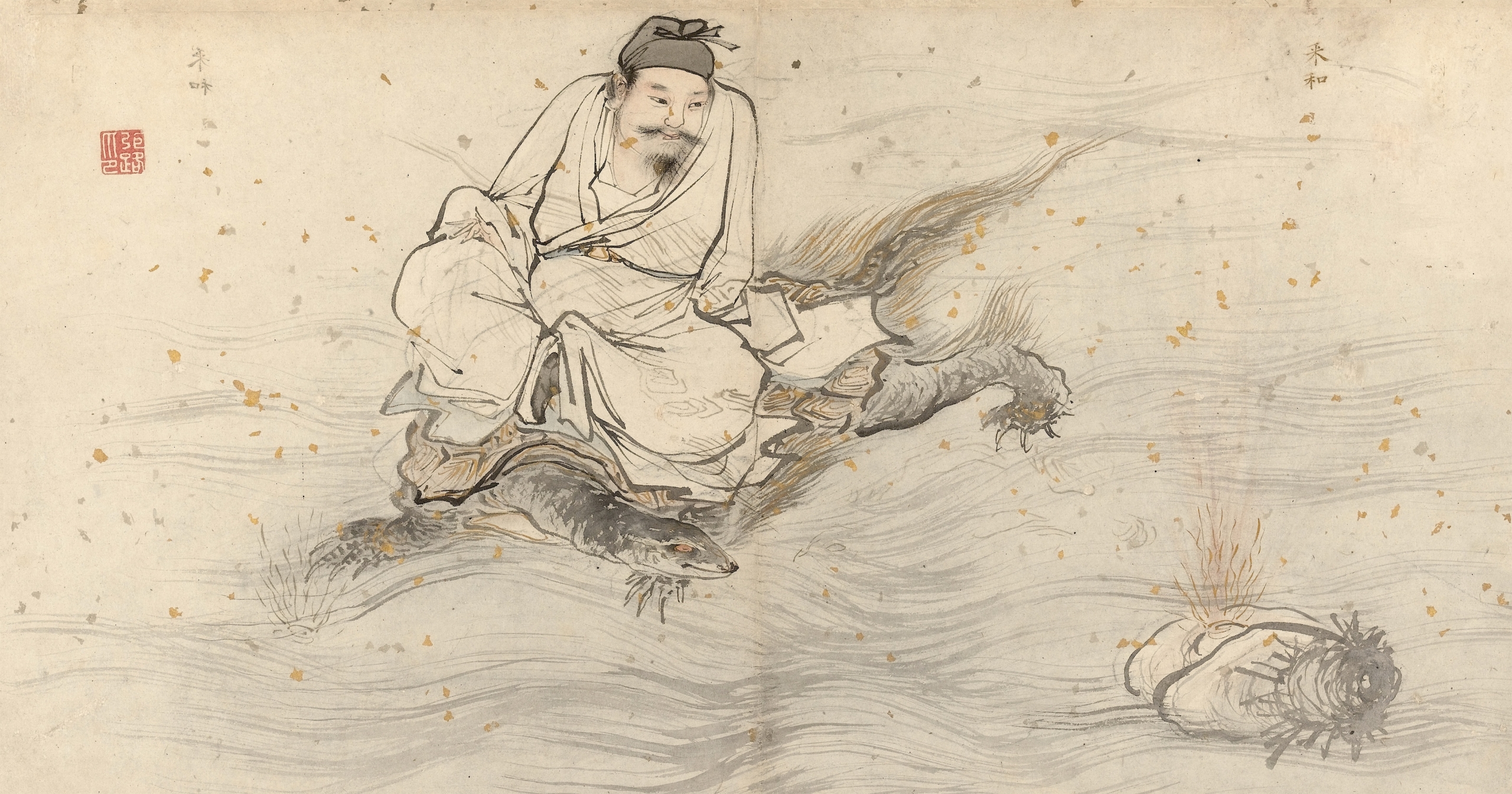 Zhang Lu (1464–1538), Lan Caihe from the Album of 18 Daoist Paintings, China. Date: early 16th century, during the Ming dynasty. Medium: Ink and light colors on gold-flecked paper; album leaf. Dimensions 31.6 × 59.3 cm. Shanghai Museum, China. Lan Caihe is depicted here as a mature man riding on the back of a turtle, a symbol of longevity.