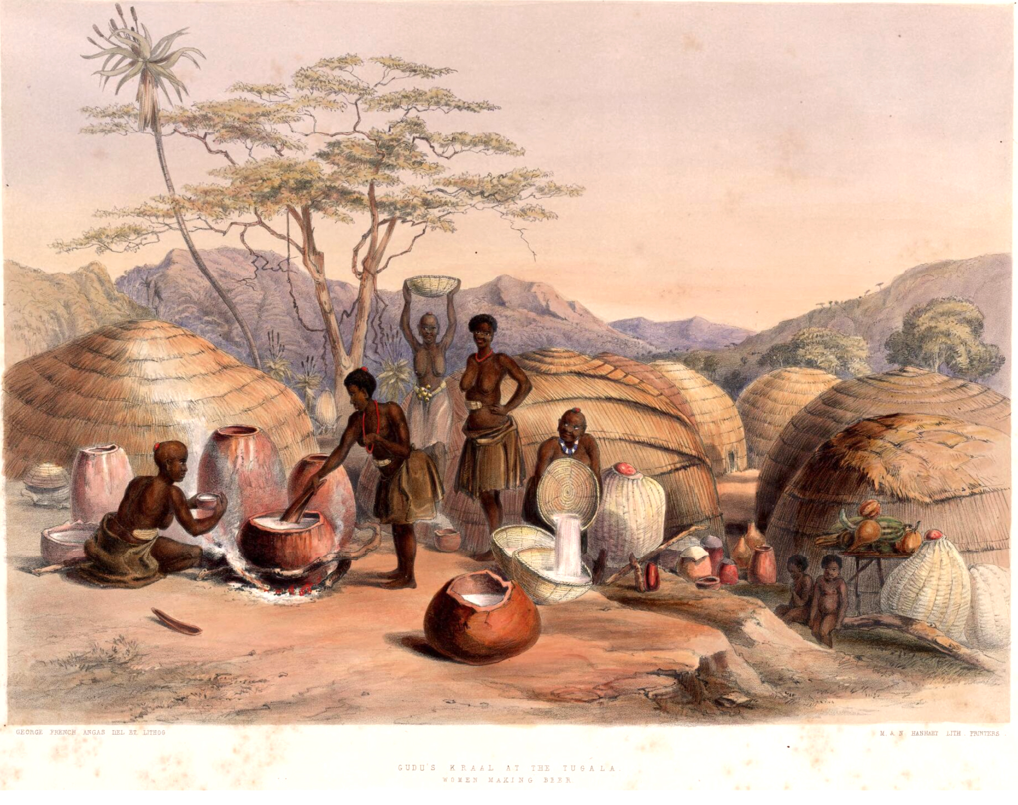 Zulu kraal, Lithograph by Angas