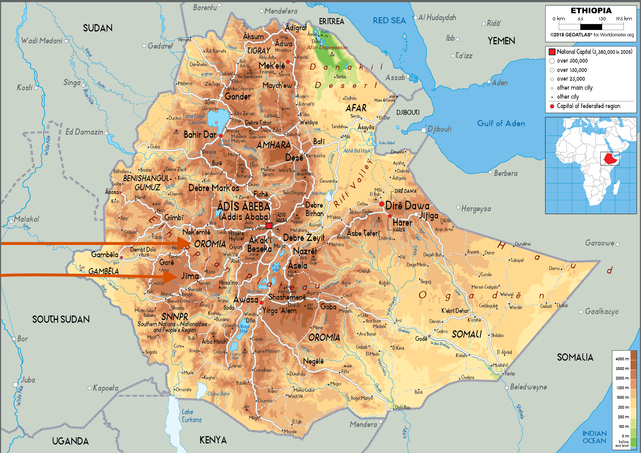 Physical map of Ethiopia Physical map of Ethiopia