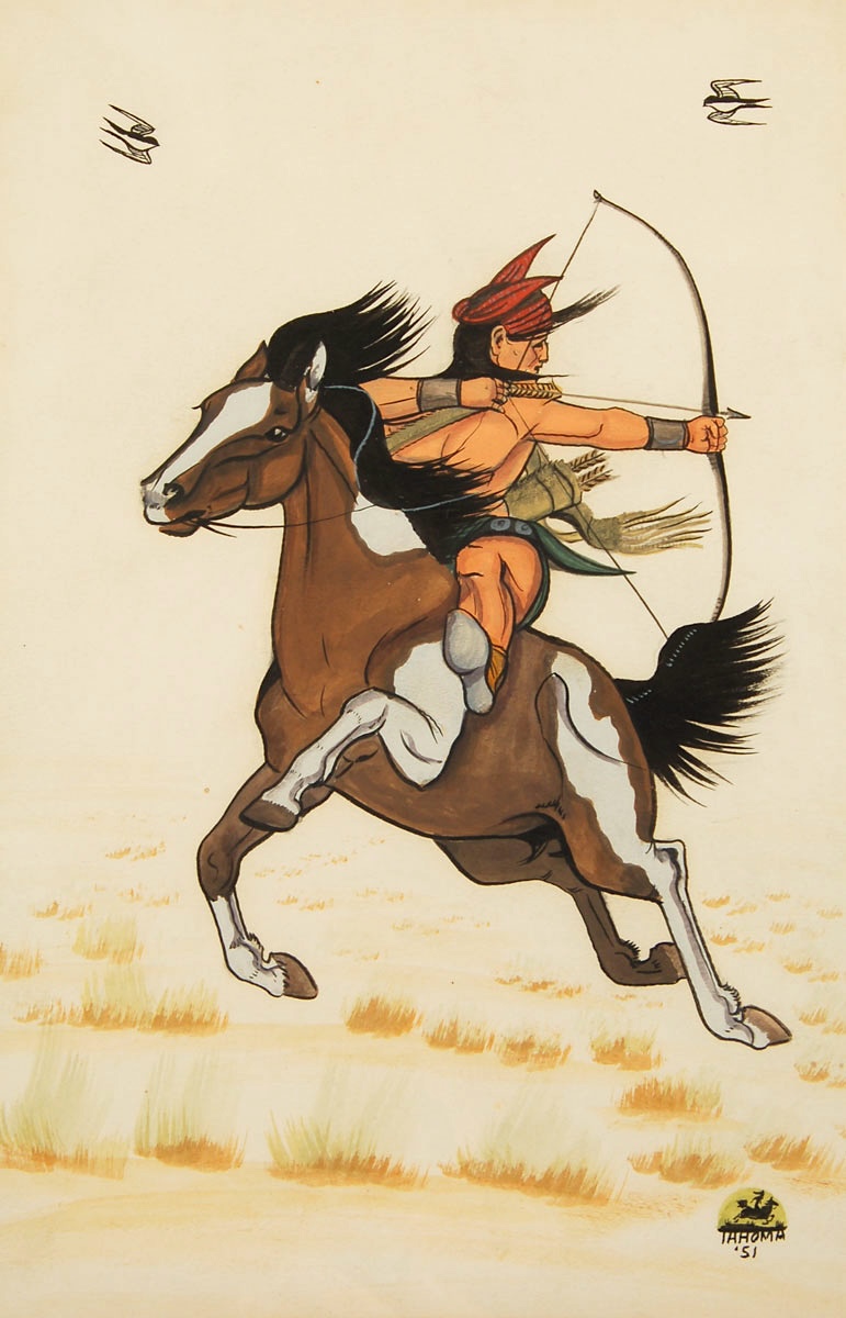 Fine Art | Indian | Native American Paintings | Art | Native American Artwork | Fine Art | Painting | Diné | Navajo Nation | Who is | Quincy Tahoma | Water Edge | Original Painting of Indian with Drawn Bow on Horseback Quincy Tahoma artwork