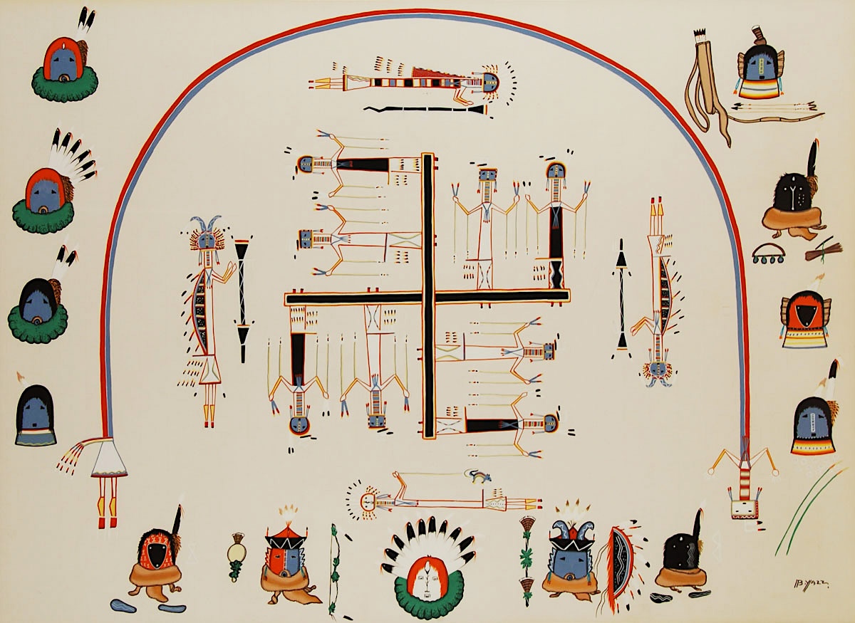 Original Painting of Whirling Log Sandpainting with Masks Fine Art Native American Paintings Diné Navajo Beatien Yazz Original Painting of Whirling Log Sandpainting with Masks Fine Art Native American Paintings Diné Navajo Beatien Yazz