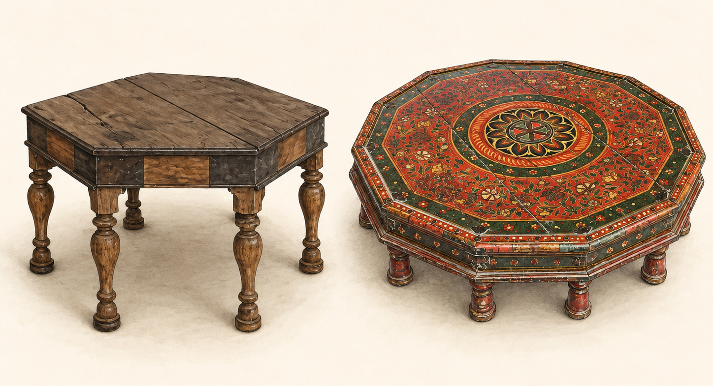 — Two Punjabi chowkis. Both belong to the sapaat category, which comprises horizontal surfaces used to perform ceremonial activities, to set objects upon, or to write on. — Two Punjabi chowkis. Both belong to the sapaat category, which comprises horizontal surfaces used to perform ceremonial activities, to set objects upon, or to write on.