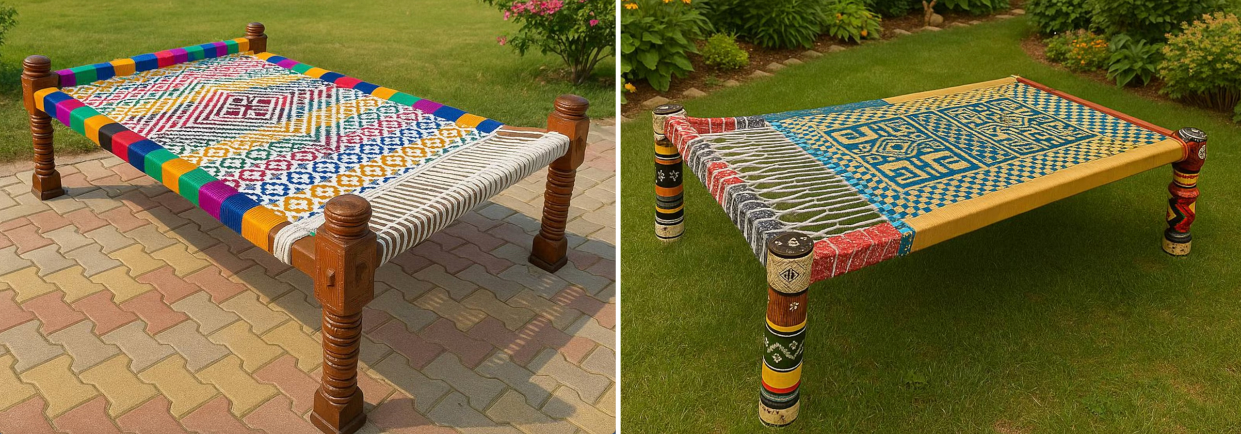 Two contemporary charpais. Left: handwoven charpai from India, also called a khatiya, with bright multicoloured geometric patterns in durable cotton rope on hand-carved wooden legs; length 72 in, width 28 in, height 18 in. Vintage Studio 1999, Jodhpur, India. Right: desi charpai bed from Pakistan, handwoven in 100% cotton rope on hand-carved wooden legs; length 68 in, width 41 in, height 24 in. ZamEsh, Hyderabad, Pakistan. Two contemporary charpais. Left: handwoven charpai from India, also called a khatiya, with bright multicoloured geometric patterns in durable cotton rope on hand-carved wooden legs; length 72 in, width 28 in, height 18 in. Vintage Studio 1999, Jodhpur, India. Right: desi charpai bed from Pakistan, handwoven in 100% cotton rope on hand-carved wooden legs; length 68 in, width 41 in, height 24 in. ZamEsh, Hyderabad, Pakistan.