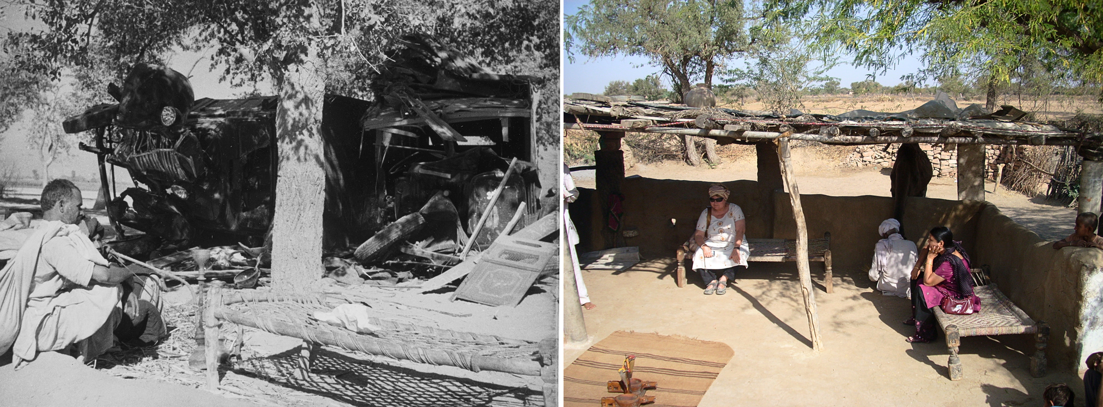Left: two men with a hookah beside a charpai, with an overturned truck in the background; Amritsar, photographed by Annemarie Schwarzenbach, 1939–40. Swiss National Library, Literary Archives. Right: charpais with a diamond-weave pattern, used as daybeds in Rajasthan. Wikimedia Commons. Left: two men with a hookah beside a charpai, with an overturned truck in the background; Amritsar, photographed by Annemarie Schwarzenbach, 1939–40. Swiss National Library, Literary Archives. Right: charpais with a diamond-weave pattern, used as daybeds in Rajasthan. Wikimedia Commons.
