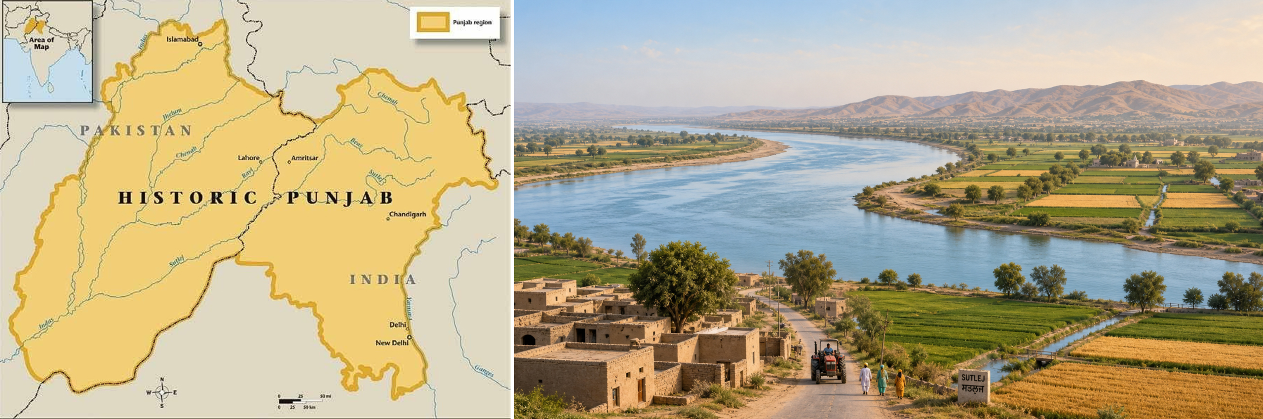 Left: a map of the historic Punjab. Right: AI-generated image.