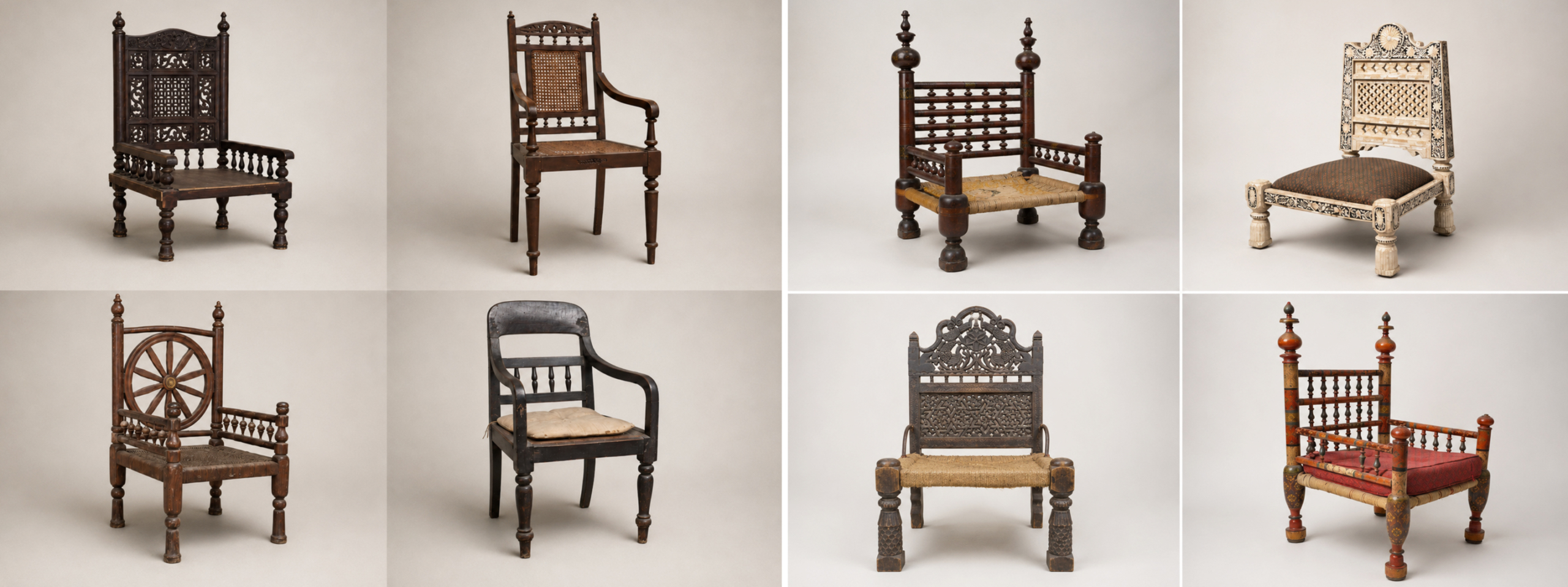 Four kursi (left) and four pidha (right). AI-generated composite based on real specimens. Four kursi (left) and four pidha (right). AI-generated composite based on real specimens.