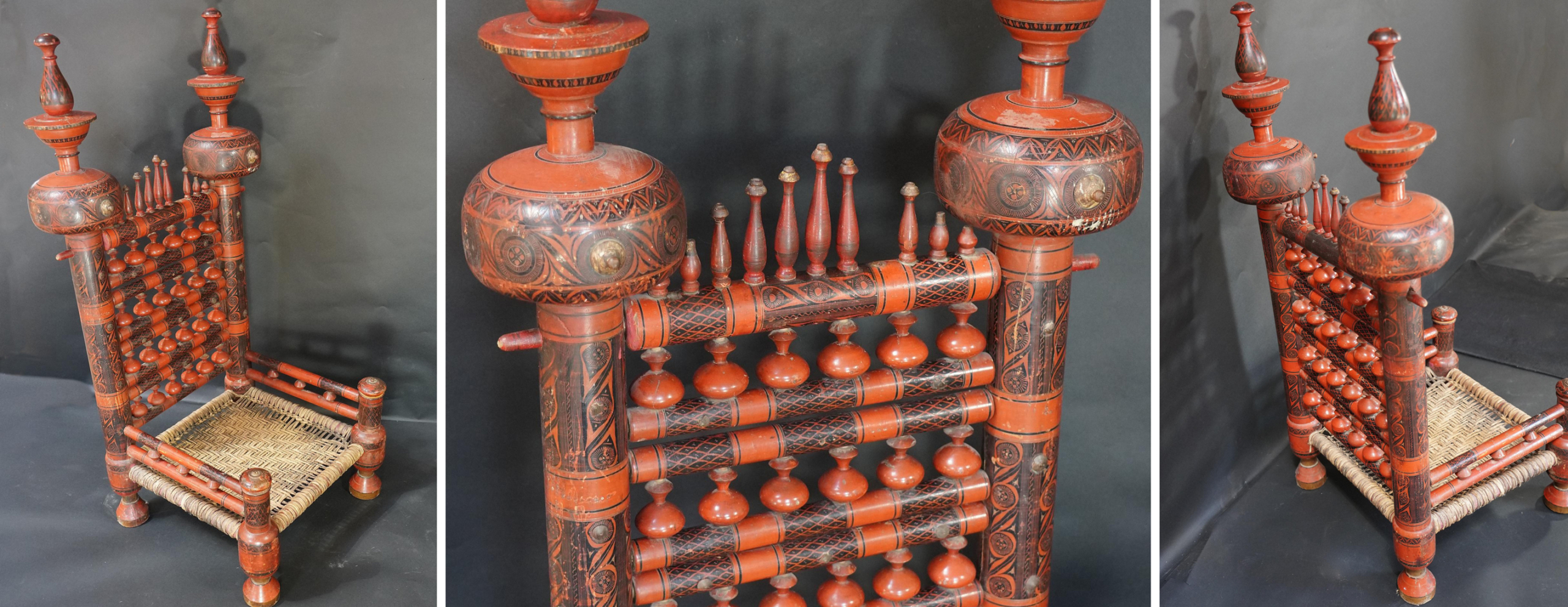 Old hand-crafted Punjabi-Pakistani wedding chair, hand-painted in vivid reds, with decorative painted spindles on the backrest and on the panels beneath the arms. Dimensions: height 116 cm, width 49 cm, depth 50 cm; weight 15 kg. Reto Zehnder Collection, Ethnic Design, Switzerland. Old hand-crafted Punjabi-Pakistani wedding chair, hand-painted in vivid reds, with decorative painted spindles on the backrest and on the panels beneath the arms. Dimensions: height 116 cm, width 49 cm, depth 50 cm; weight 15 kg. Reto Zehnder Collection, Ethnic Design, Switzerland.