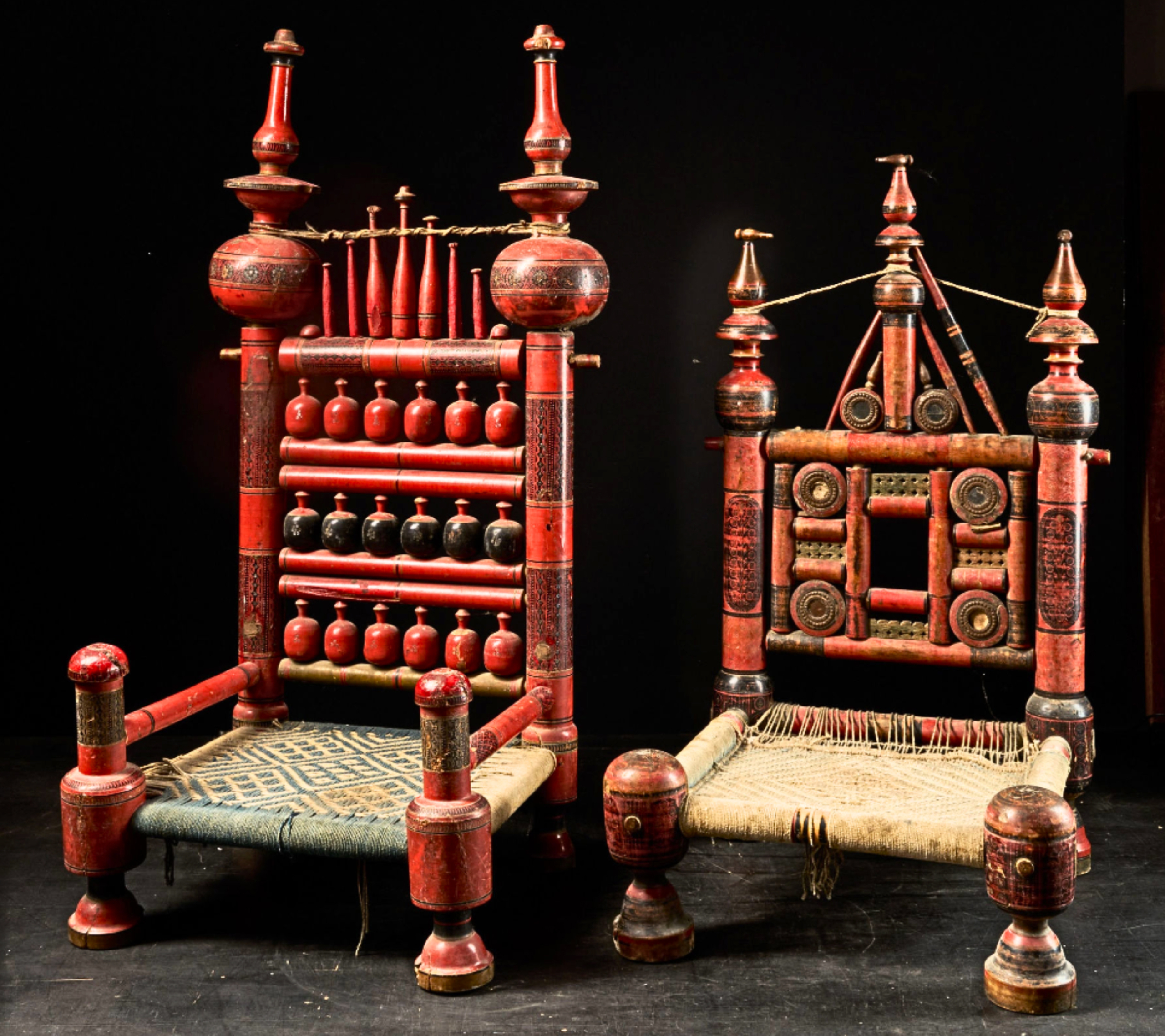 A pair of old Punjabi polychromed hand-crafted pidha (wedding chairs), c. 1874. Dimensions: 105 × 47 × 44 cm and 79 × 50 × 44 cm. Sold by Spectandum Gallery, Belgium. A pair of old Punjabi polychromed hand-crafted pidha (wedding chairs), c. 1874. Dimensions: 105 × 47 × 44 cm and 79 × 50 × 44 cm. Sold by Spectandum Gallery, Belgium.