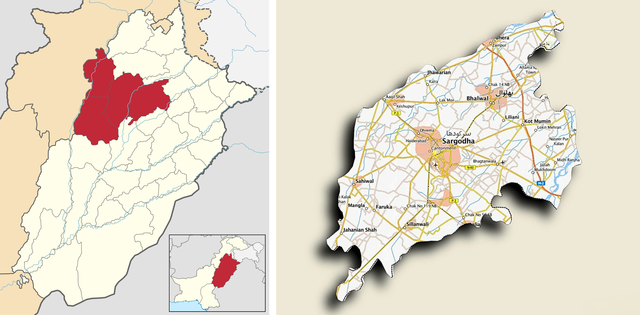 Sargodha District Pakistan — Sargodha Division is the wider administrative region of Pakistani Punjab in which Sillanwali lies. It comprises the districts of Sargodha, Bhakkar, Khushab, and Mianwali, with Sargodha city as its headquarters. The region is strongly agricultural — citrus above all — but also holds important craft localities such as Sillanwali, a centre for turned and lacquered woodwork.