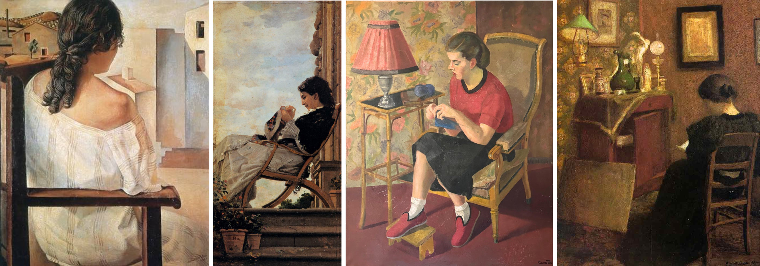 Salvador Dali, Seated Girl Seen from the Back, 1928, Museo Nacional Centro de Arte Reina Sofia, Madrid, Spain. Cristiano Banti, Woman Sewing on the Terrace, 1882, Palazzo Pitti, Florence, Italy. Emile Courtin, A young woman knitting in a room, 1950, private collection. Henri Matisse, La Liseuse, 1895, Musée Matisse, Nice, France. Salvador Dali, Seated Girl Seen from the Back, 1928, Museo Nacional Centro de Arte Reina Sofia, Madrid, Spain. Cristiano Banti, Woman Sewing on the Terrace, 1882, Palazzo Pitti, Florence, Italy. Emile Courtin, A young woman knitting in a room, 1950, private collection. Henri Matisse, La Liseuse, 1895, Musée Matisse, Nice, France.