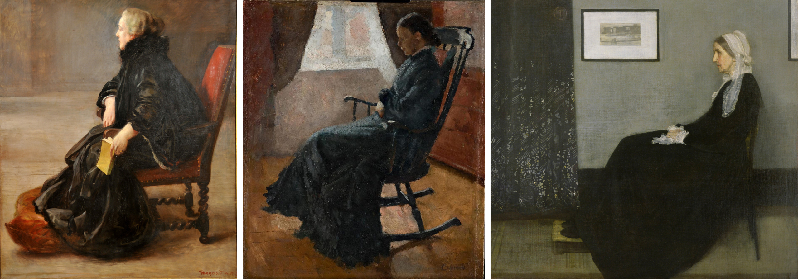 Besnard Paul Albert, Ritratto di Signora, 1903, Galleria Nazionale d’Arte Moderna, Rome, Italy. Edvard Munch, Aunt Karen Bjølstad in the Rocking Chair, 1883, Munchmuseet, Oslo, Norway. James McNeill Whistler, Arrangement in Grey and Black No. 1, aka Whistler’s Mother, 1871, Musée d’Orsay, Paris, France. Besnard Paul Albert, Ritratto di Signora, 1903, Galleria Nazionale d'Arte Moderna, Rome, Italy. Edvard Munch, Aunt Karen Bjølstad in the Rocking Chair, 1883, Munchmuseet, Oslo, Norway. James McNeill Whistler, Arrangement in Grey and Black No. 1, aka Whistler's Mother, 1871, Musée d'Orsay, Paris, France.