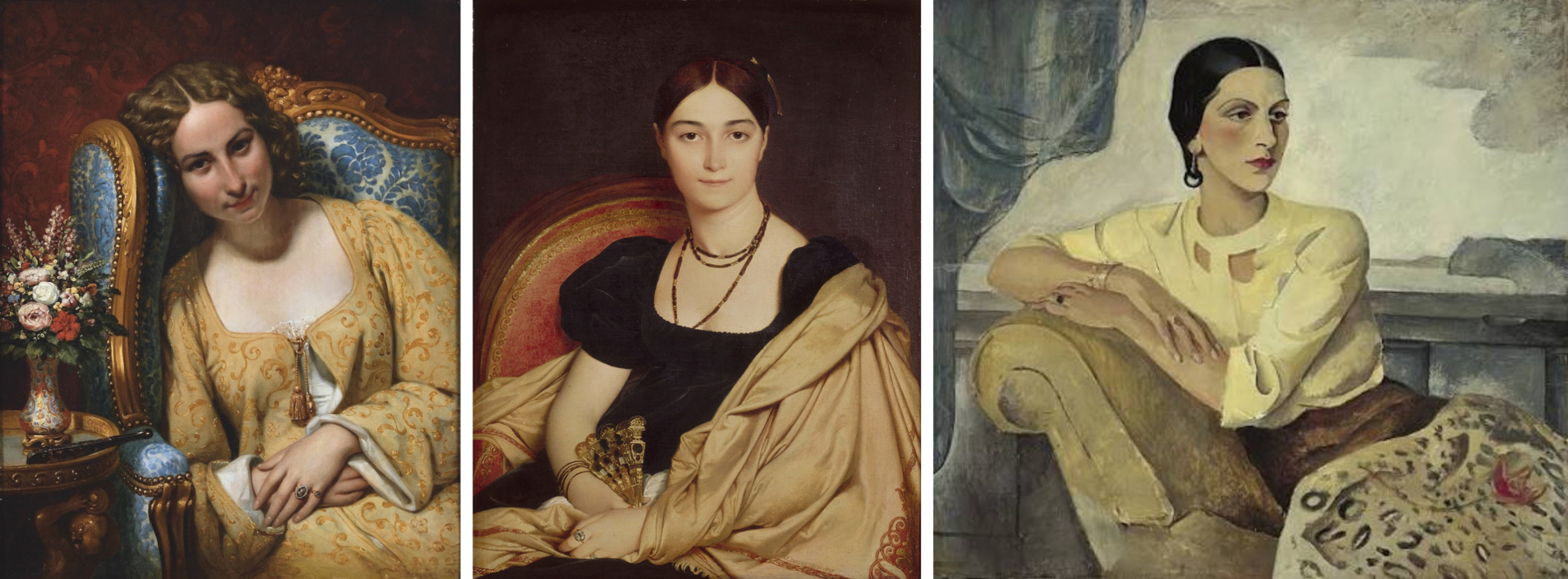 Joseph-Désiré Court, Woman nestled in an armchair, 1834, private collection. Jean-Auguste-Dominique Ingres, Portrait de Madame Duvaucey, 1807, Musée Condé, Chantilly, France. Boris Dmitrievich Grigoriev, Portrait of a Seated Woman, early 20th century, Norton Simon Museum, Pasadena, CA, USA. Joseph-Désiré Court, Woman nestled in an armchair, 1834, private collection. Jean-Auguste-Dominique Ingres, Portrait de Madame Duvaucey, 1807, Musée Condé, Chantilly, France. Boris Dmitrievich Grigoriev, Portrait of a Seated Woman, early 20th century, Norton Simon Museum, Pasadena, CA, USA.