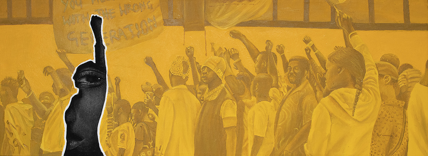 You Messed With the Wrong Generation, 2020, by multidisciplinary Nigerian artist Ken Nwadiogbu (b. 1994, Lagos). Charcoal and acrylic on canvas. Displayed at the 2021 solo exhibition Ubuntu, Thinkspace Projects, Los Angeles, CA, USA. You Messed With the Wrong Generation, 2020, by multidisciplinary Nigerian artist Ken Nwadiogbu (b. 1994, Lagos). Charcoal and acrylic on canvas. Displayed at the 2021 solo exhibition Ubuntu, Thinkspace Projects, Los Angeles, CA, USA.