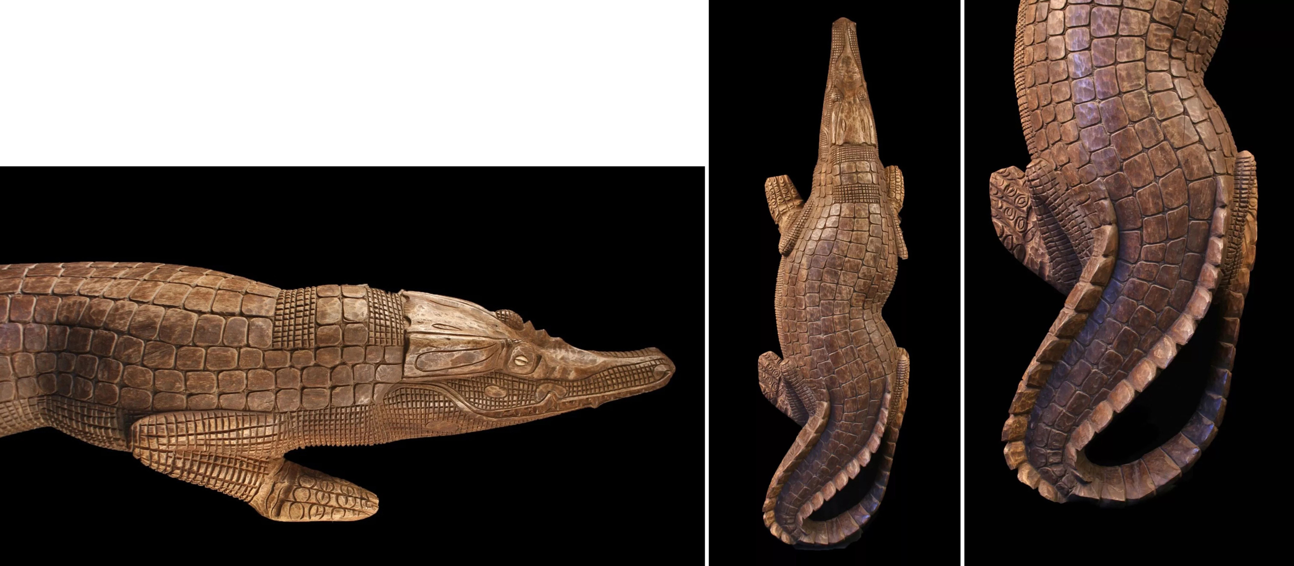 Crocodile-shaped wooden sculpture