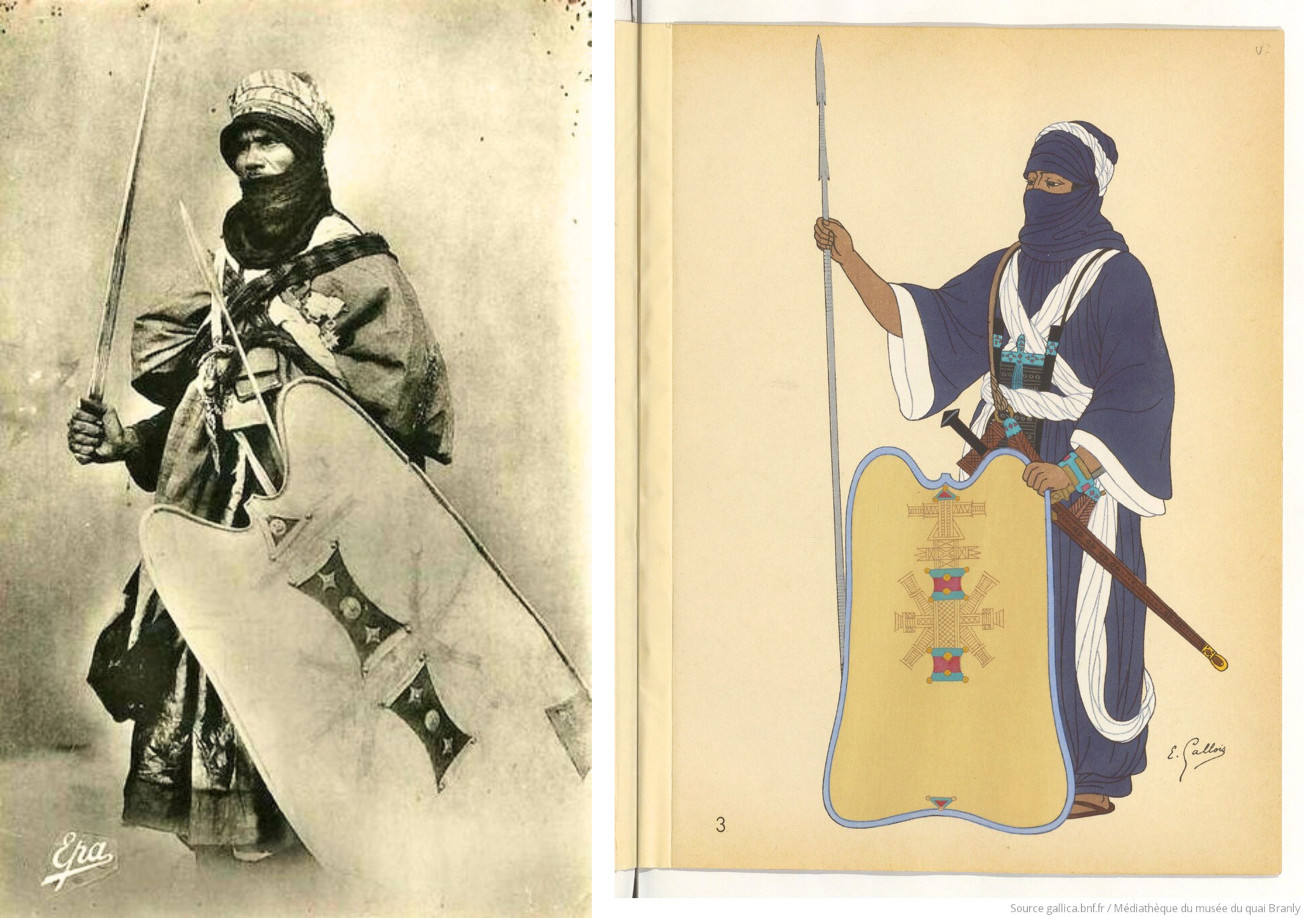 LEFT: an old French photo of a Tuareg warrior. Epa Images, France. RIGHT: Guerrier Touareg, Costumes de l'Union française par Emile Gallois; préface de Marcel Griaule, 1946. Source: Médiathèque du Musée du Quai Branly, Paris, France.