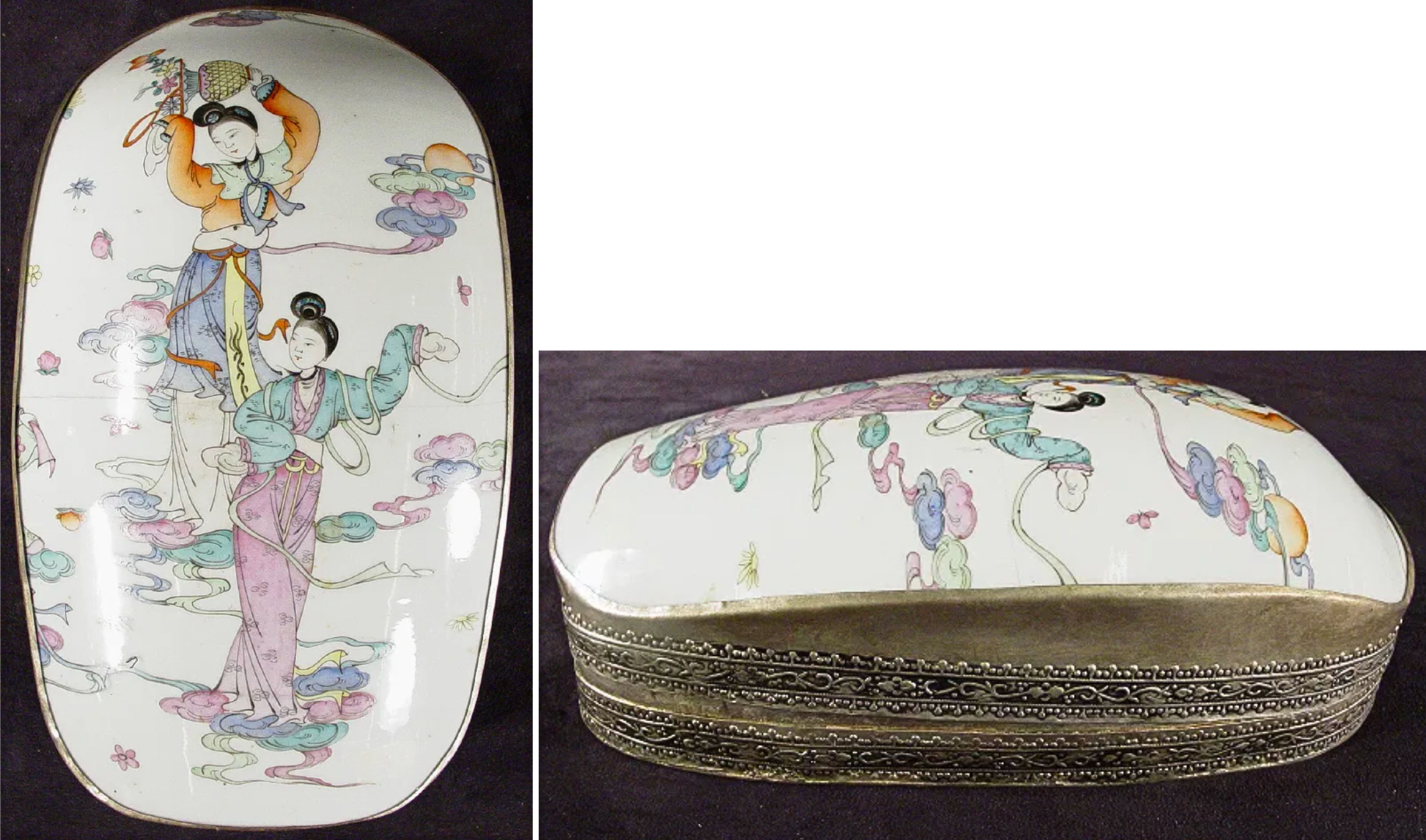 Shard box. The lid is made from a famille rose vase from the late 19th/early 20th century and is mounted on silver-plated copper. Shard box. The lid is made from a famille rose vase from the late 19th/early 20th century and is mounted on silver-plated copper.