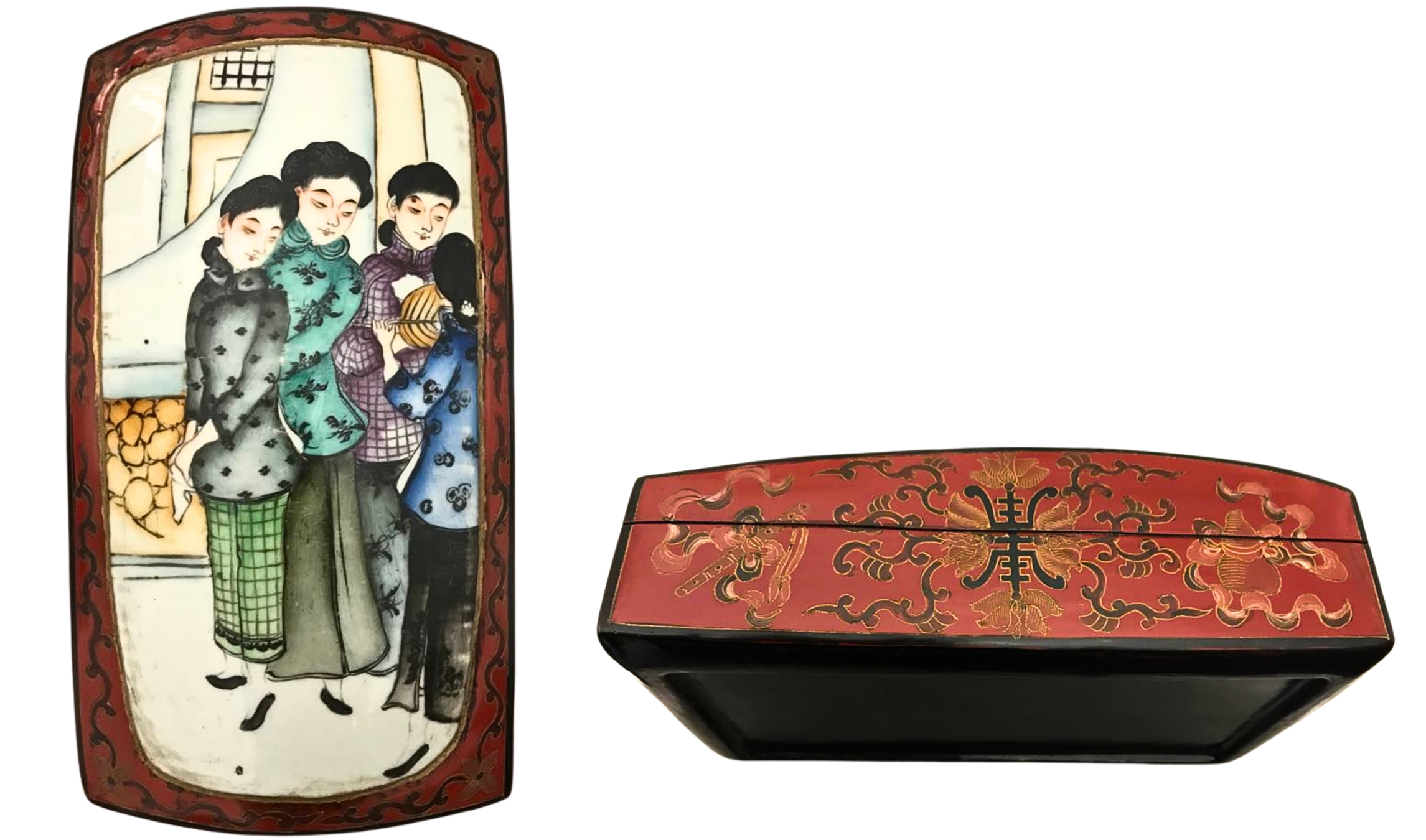 Shard box mounted on lacquered, hand-decorated papier-mâché. The lid is made from a shard of a Republican-period porcelain vase. Shard box mounted on lacquered, hand-decorated papier-mâché. The lid is made from a shard of a Republican-period porcelain vase.