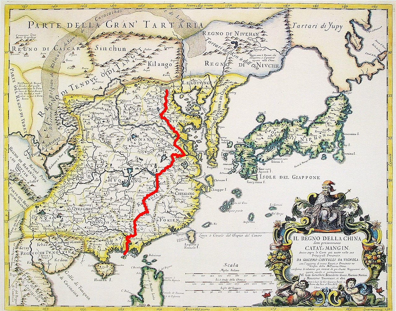 Matteo Ricci’s way from Macao to Beijing in the 16th century. This map, titled “Il Regno della China” (in Italian), was made by Giacomo Cantelli (1643-1695) and published in Roma by Giovanni Giacomo de Rossi in 1682. Matteo Ricci's way from Macao to Beijing in the 16th century. This map, titled "Il Regno della China" (in Italian), was made by Giacomo Cantelli (1643-1695) and published in Roma by Giovanni Giacomo de Rossi in 1682.