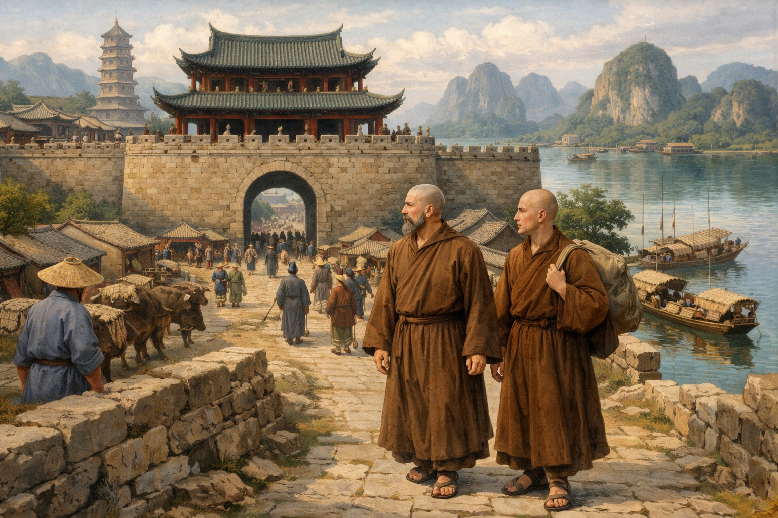 Matteo Ricci and Michele Ruggieri entering Zhaoqing in September 1583. AI-generated illustration. Michele Ruggieri, SJ (born Pompilio Ruggieri; 1543–1607), known to the Chinese as Luo Mingjian, is remembered as a linguistic pioneer who undertook the difficult task of mastering spoken and written Chinese at a time when almost no Europeans could do so. Working closely with Matteo Ricci and other companions, Ruggieri helped design a strategy of cultural accommodation that sought dialogue with Chinese scholars and officials rather than simple confrontation. He is often credited with contributing to the earliest substantial Latin–Chinese lexical and catechetical works, laying foundations for future Jesuit scholarship on Chinese language and civilization. Through his patient study of local customs and his willingness to respect Chinese traditions, Ruggieri became a key figure in the first sustained encounter between early modern Europe and imperial China. Matteo Ricci and Michele Ruggieri entering Zhaoqing in September 1583. AI-generated illustration. Michele Ruggieri, SJ (born Pompilio Ruggieri; 1543–1607), known to the Chinese as Luo Mingjian, is remembered as a linguistic pioneer who undertook the difficult task of mastering spoken and written Chinese at a time when almost no Europeans could do so. Working closely with Matteo Ricci and other companions, Ruggieri helped design a strategy of cultural accommodation that sought dialogue with Chinese scholars and officials rather than simple confrontation. He is often credited with contributing to the earliest substantial Latin–Chinese lexical and catechetical works, laying foundations for future Jesuit scholarship on Chinese language and civilization. Through his patient study of local customs and his willingness to respect Chinese traditions, Ruggieri became a key figure in the first sustained encounter between early modern Europe and imperial China.