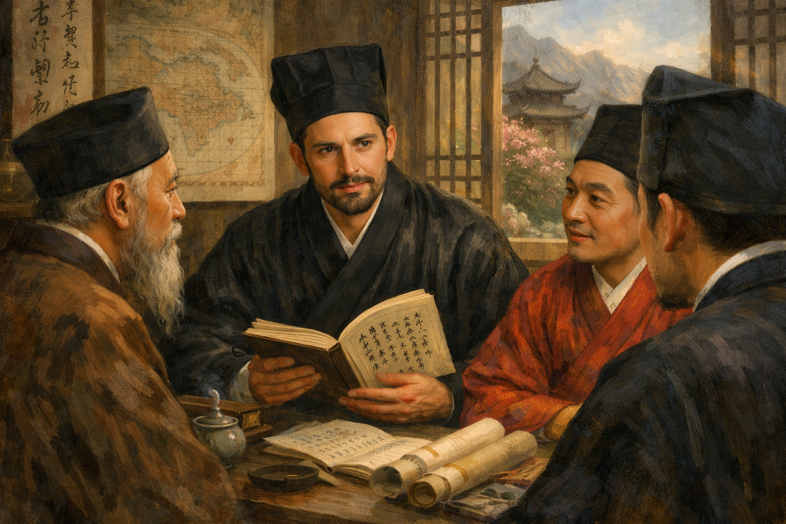 Matteo Ricci with some Literati. AI-generated Illustration. Matteo Ricci with some Literati. AI-generated Illustration.