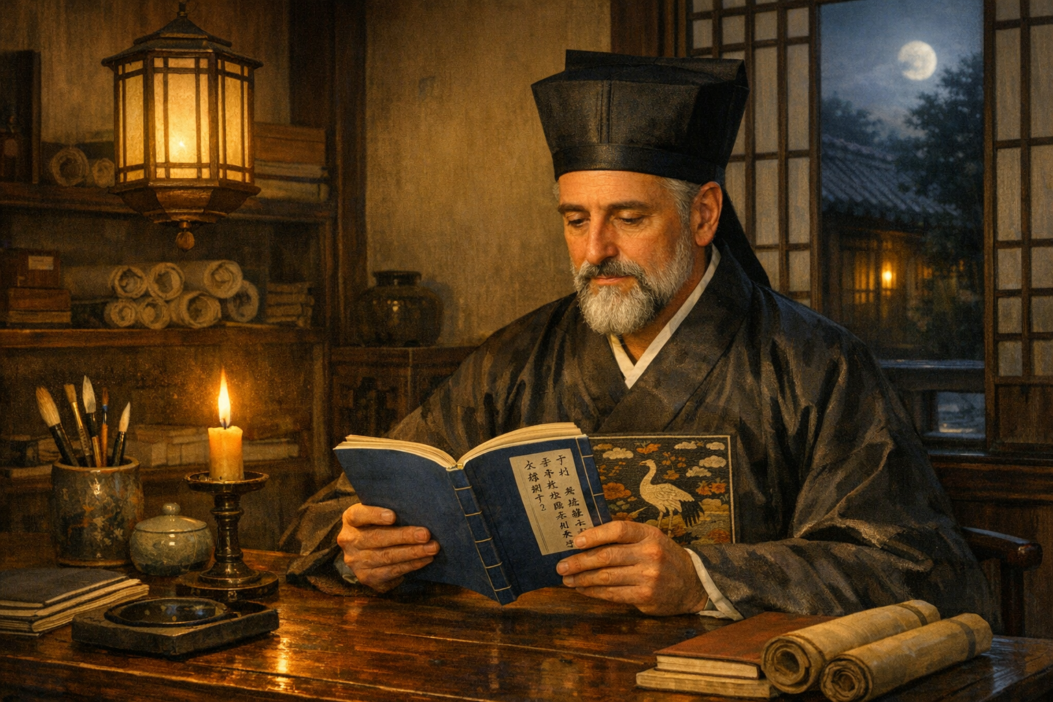 Matteo Ricci reading Confucian texts in his Beijing residence. AI-generated illustration.