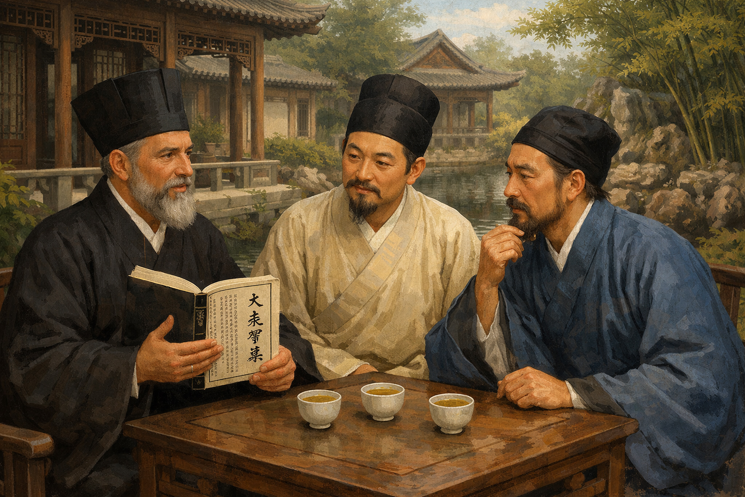 Matteo Ricci discussing his treatise with two Literati in Beijing. AI-generated illustration.