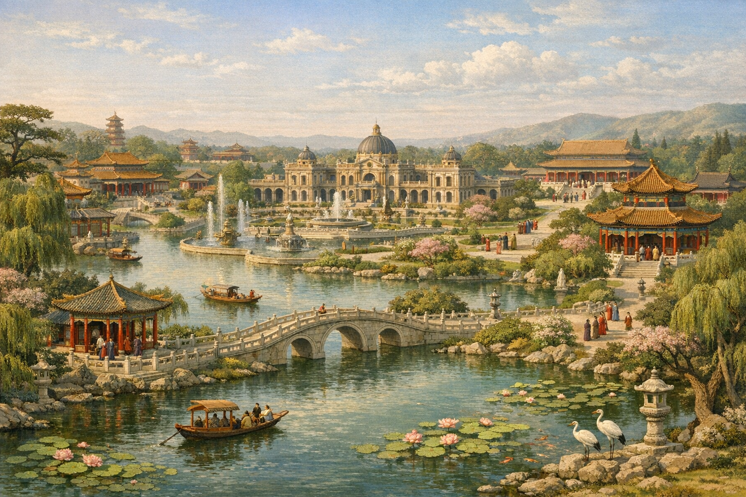 This AI-generated illustration of a section of Yuanmingyuan is not a faithful reconstruction but a palusible representation of how the complex must have looked between the late 18th and early 19th centuries.