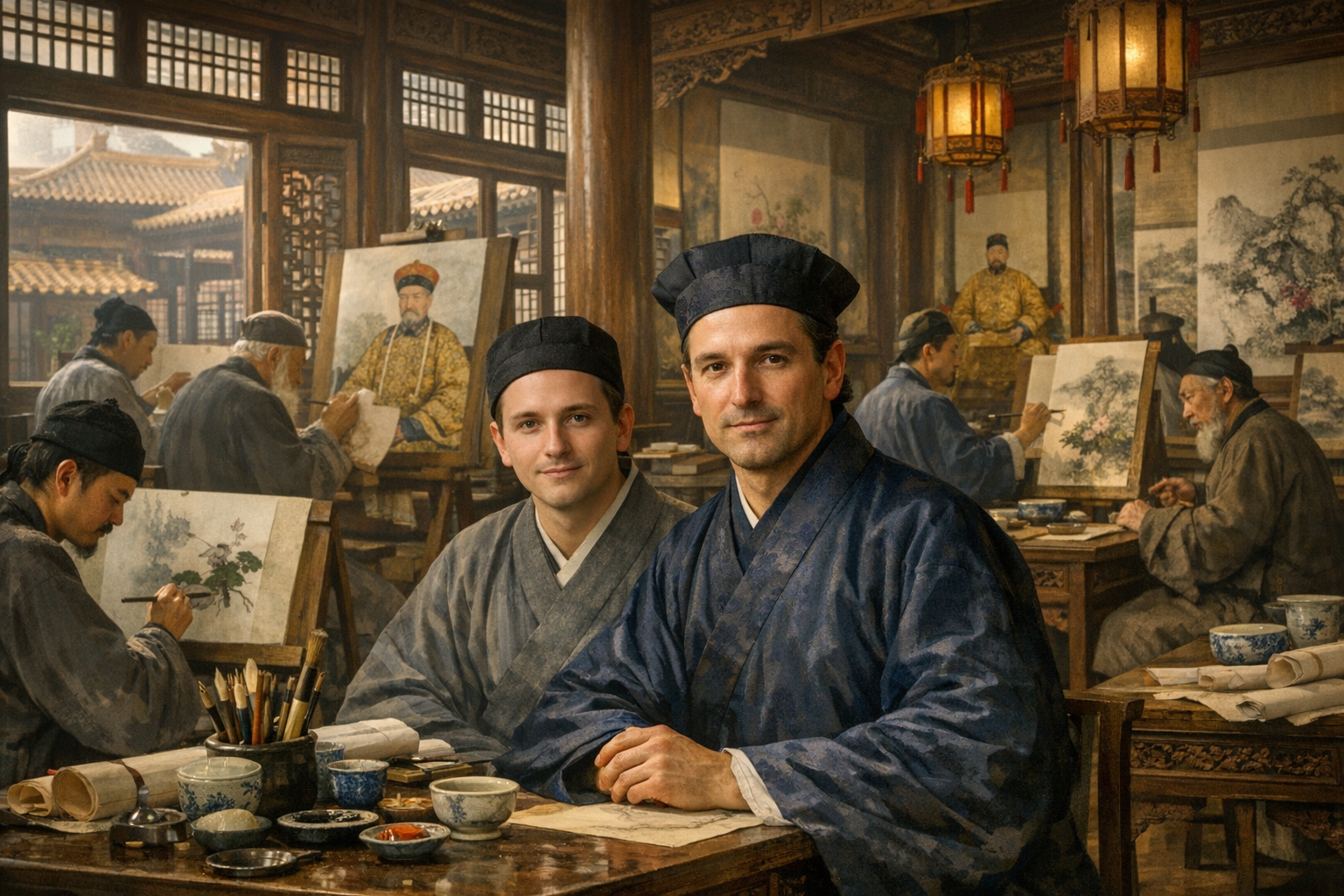 Giuseppe Castiglione and the young Jesuit Jean-Denis Attiret at Ruyi Hall