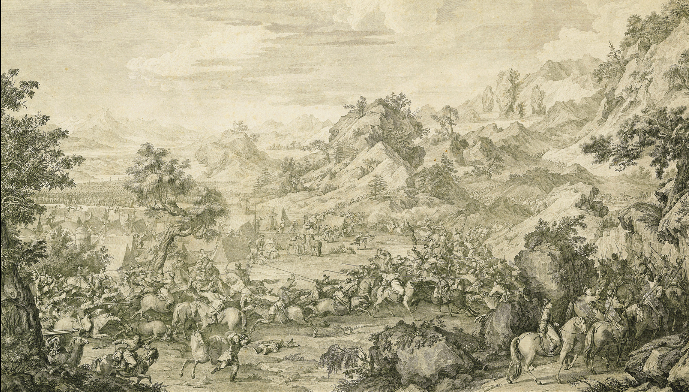 Copperplate engraving of the Storming of the Camp at Gädän-Ola from the Victory in the Pacification of Dzungars and Muslims. Drafted by Giuseppe Castiglione, directed by Charles-Nicolas Cochin (1715-1790), engraved by J. Ph. Le Bas (1707-1783), finalized in 1769 at Paris, France. National Palace Museum, Taipei, Taiwan.