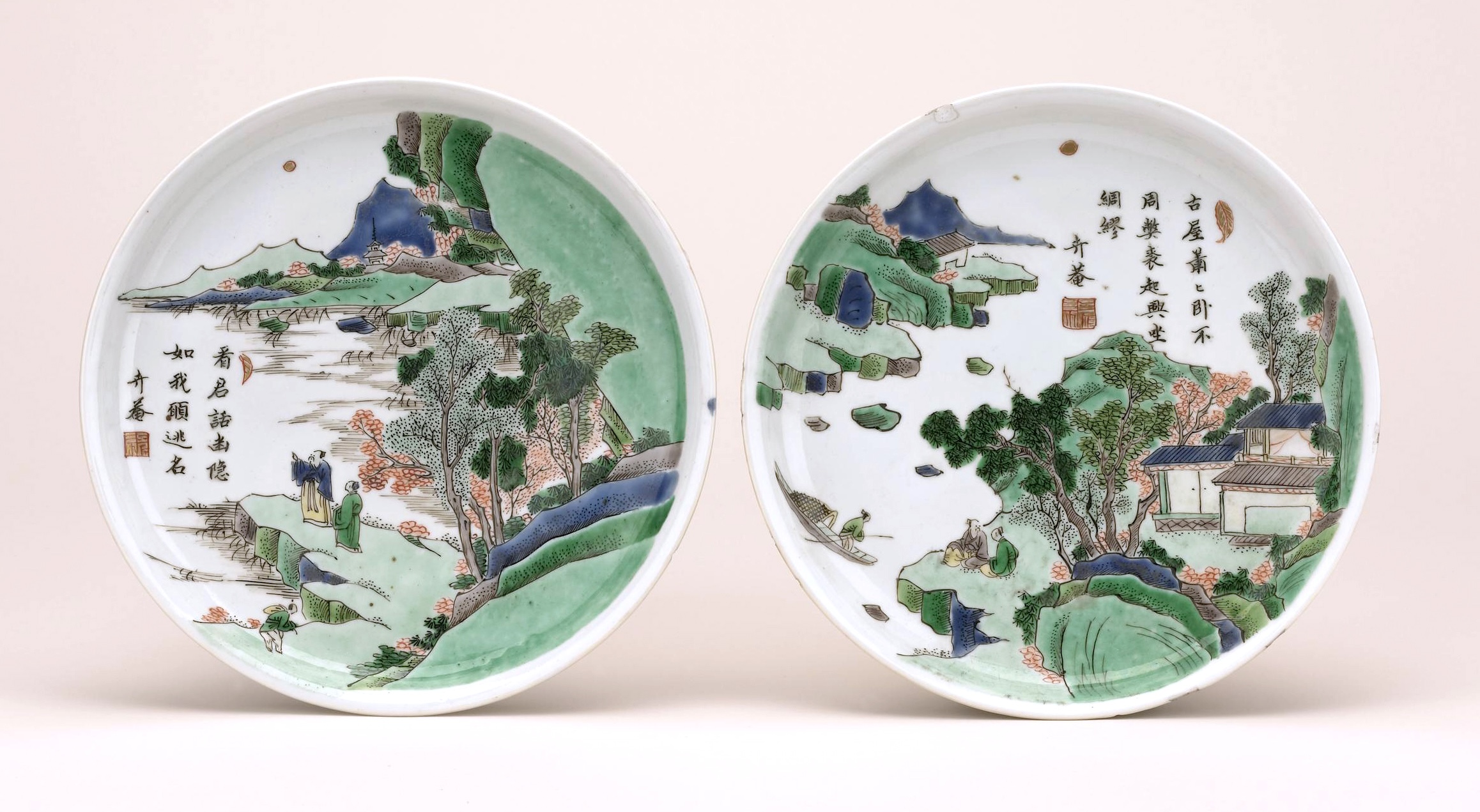 A pair of Famille Verte enamelled porcelain dishes A pair of Famille Verte enamelled porcelain dishes
