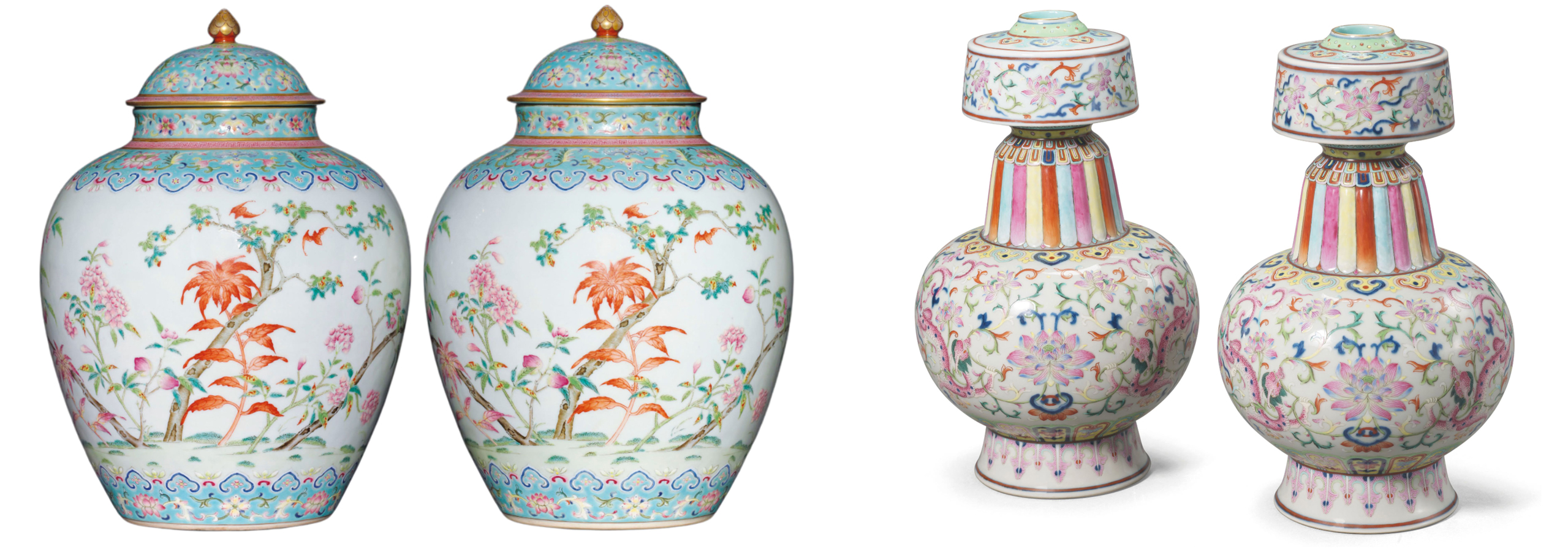 Two pairs of Famille Rose porcelain items Two pairs of Famille Rose porcelain items