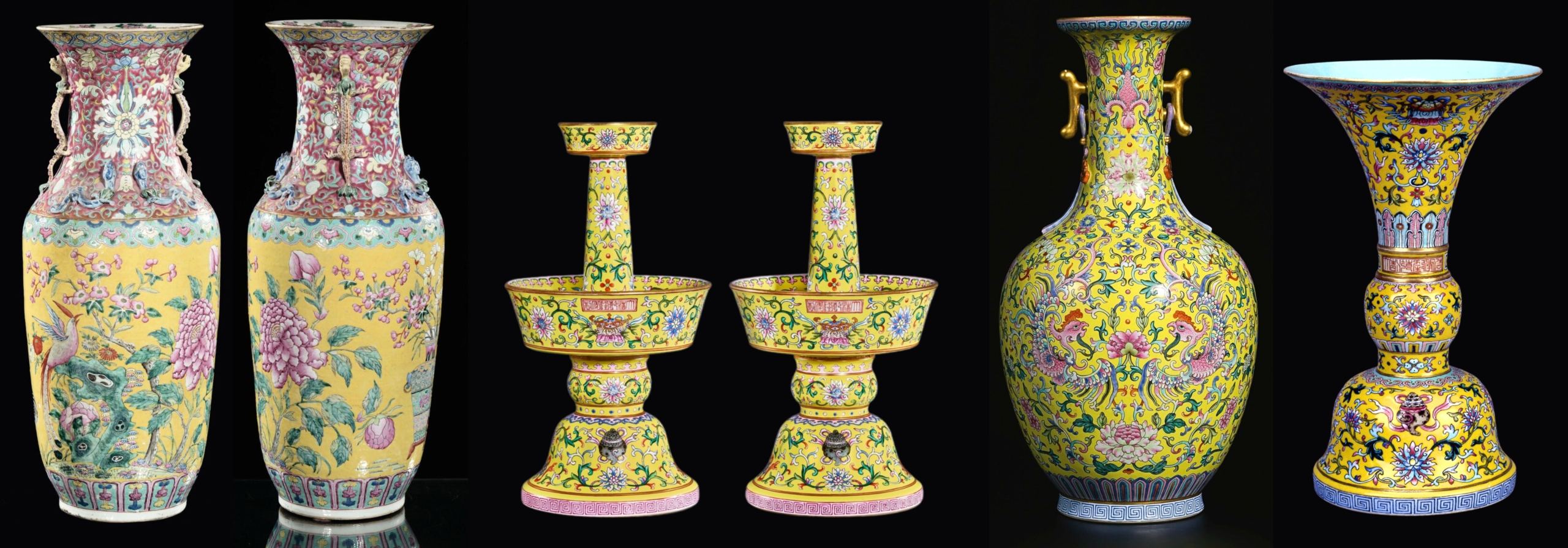 5 Famille Rose on yellow-ground pieces 5 Famille Rose on yellow-ground pieces