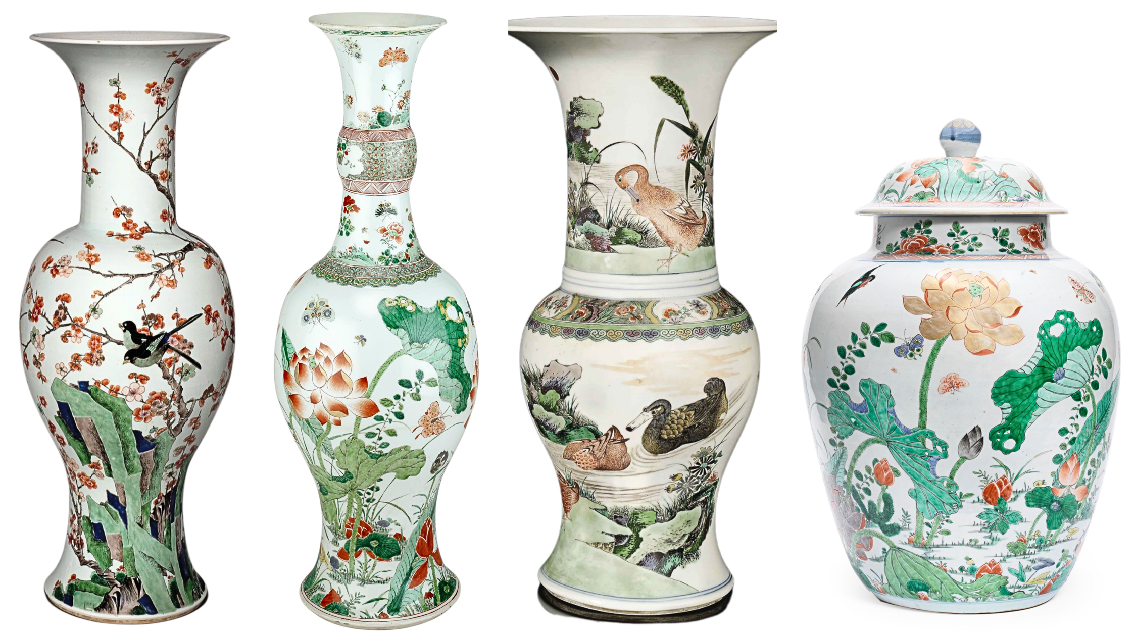 3 Famille Verte Porcelain Vases and a Jar 3 Famille Verte Porcelain Vases and a Jar