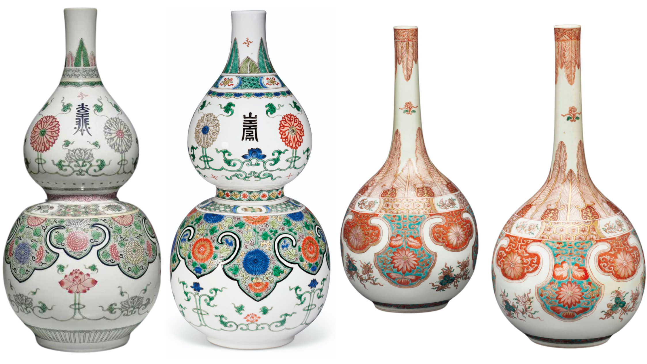 2 Famille Verte Double Gourd Vases plus 2 simpler vases 2 Famille Verte Double Gourd Vases plus 2 simpler vases
