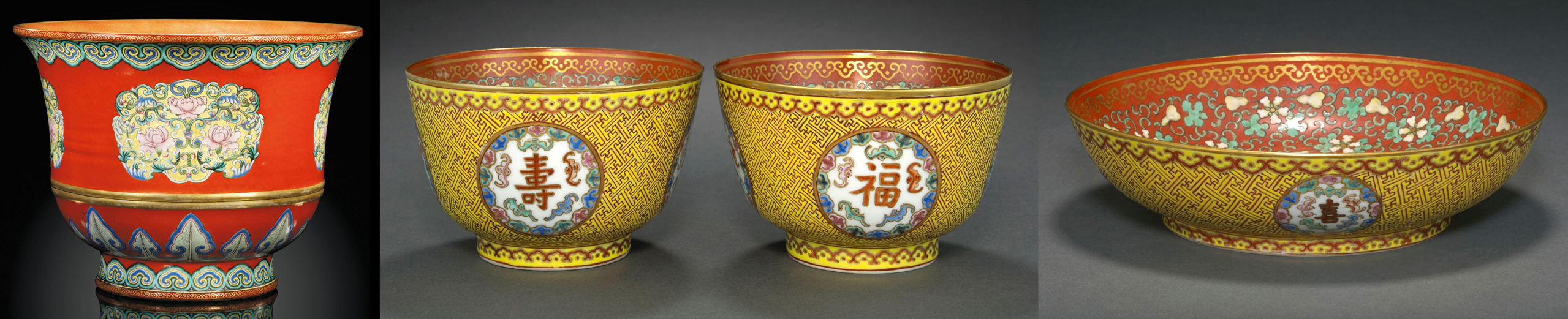 4 Famille Rose on coral ground Bowls 4 Famille Rose on coral ground Bowls