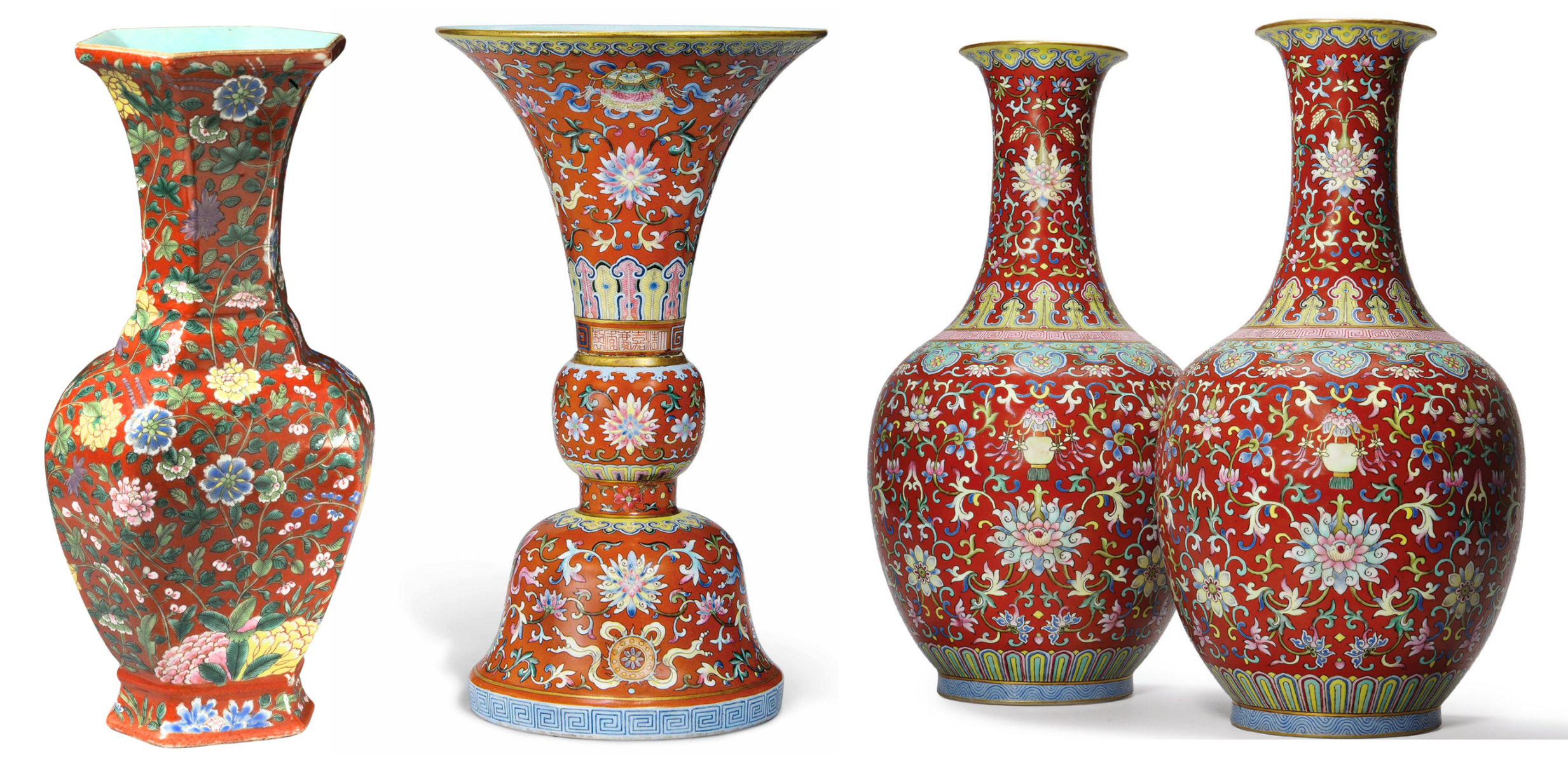 Famille Rose coral-red ground vases Famille Rose coral-red ground vases