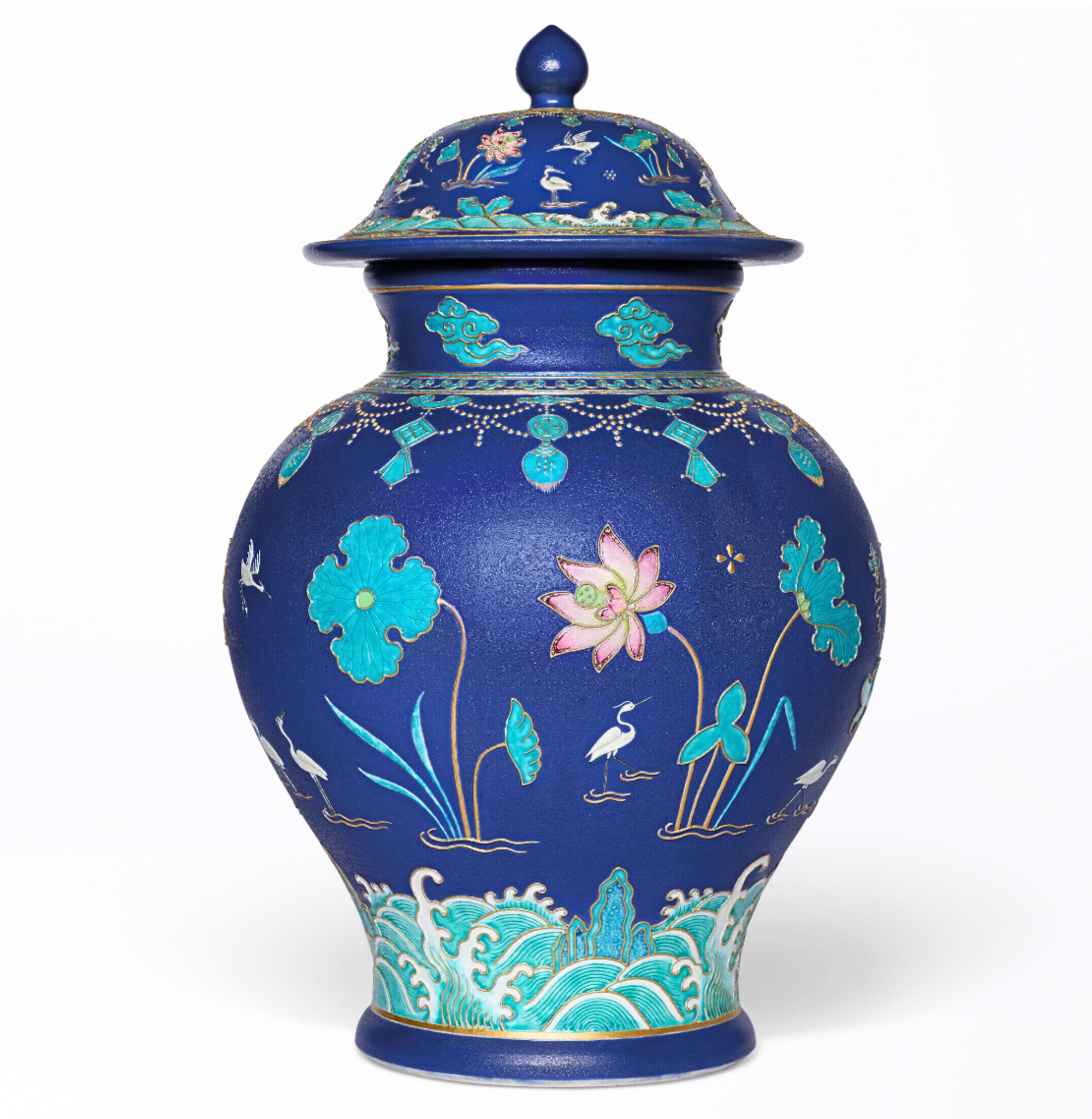 A magnificent and rare Famille Rose fahua-style jar and cover A magnificent and rare Famille Rose fahua-style jar and cover