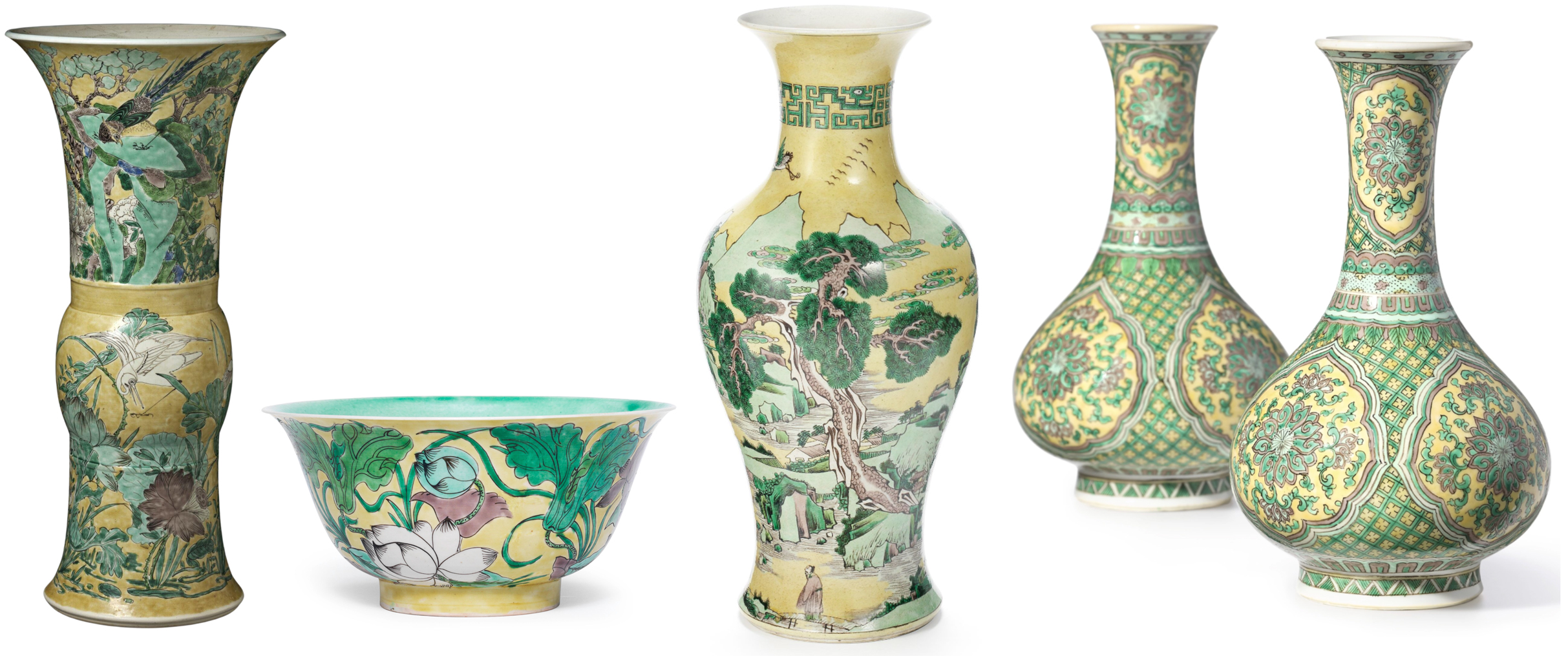 Famille Jaune Vases and a Bowl Famille Jaune Vases and a Bowl