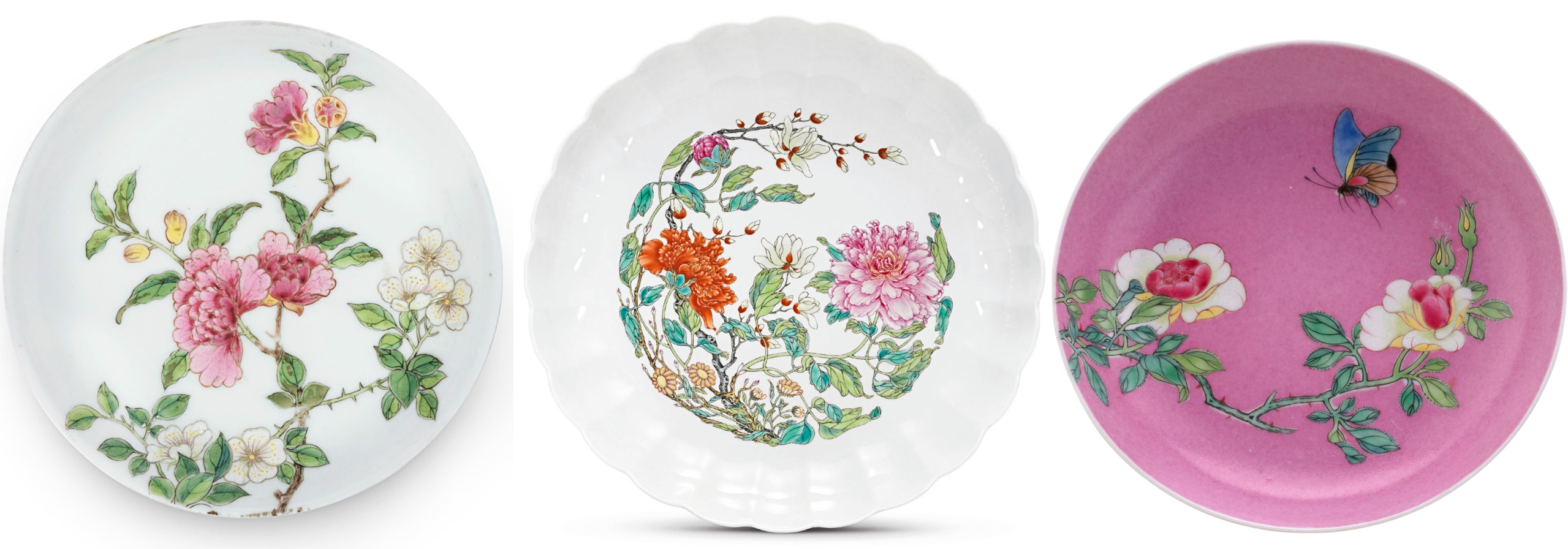 3 Famille Rose porcelain saucer dishes 3 Famille Rose porcelain saucer dishes