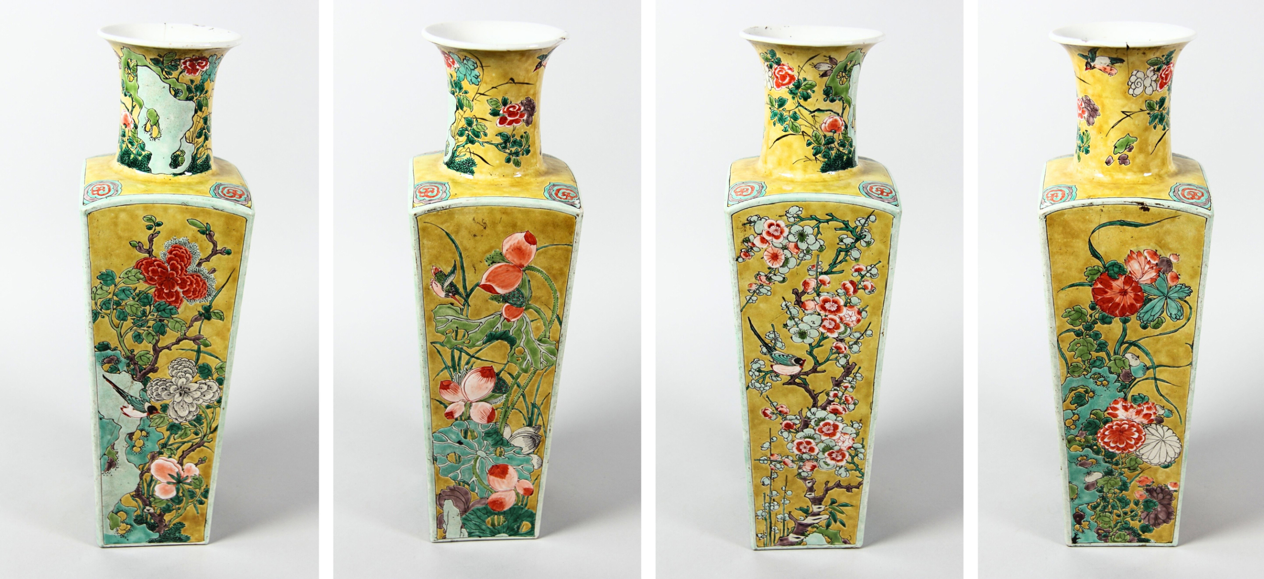 A square vase with Famille Jaune scenes of the four seasons A square vase with Famille Jaune scenes of the four seasons