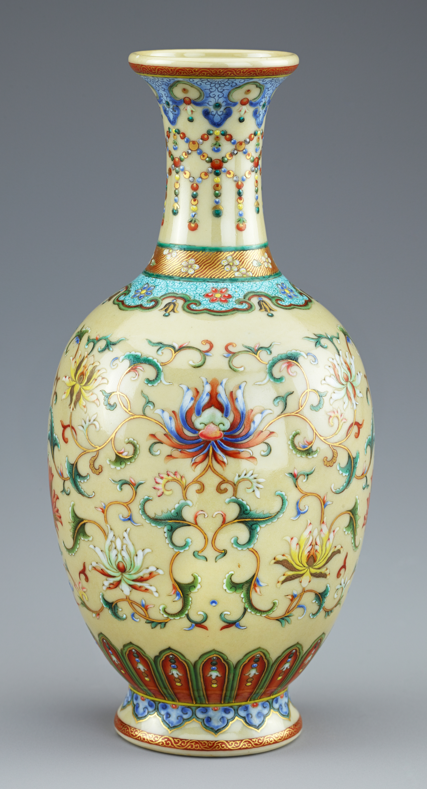 Yangcai vase with enamel decoration on a very pale cafe-au-lait ground