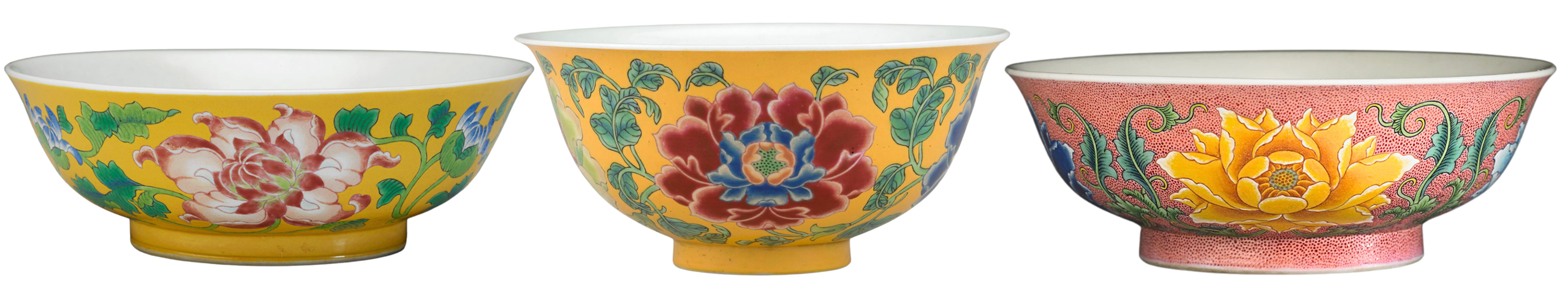 Bowls with flowers on a yellow ground - Kangxi Era Enamels
