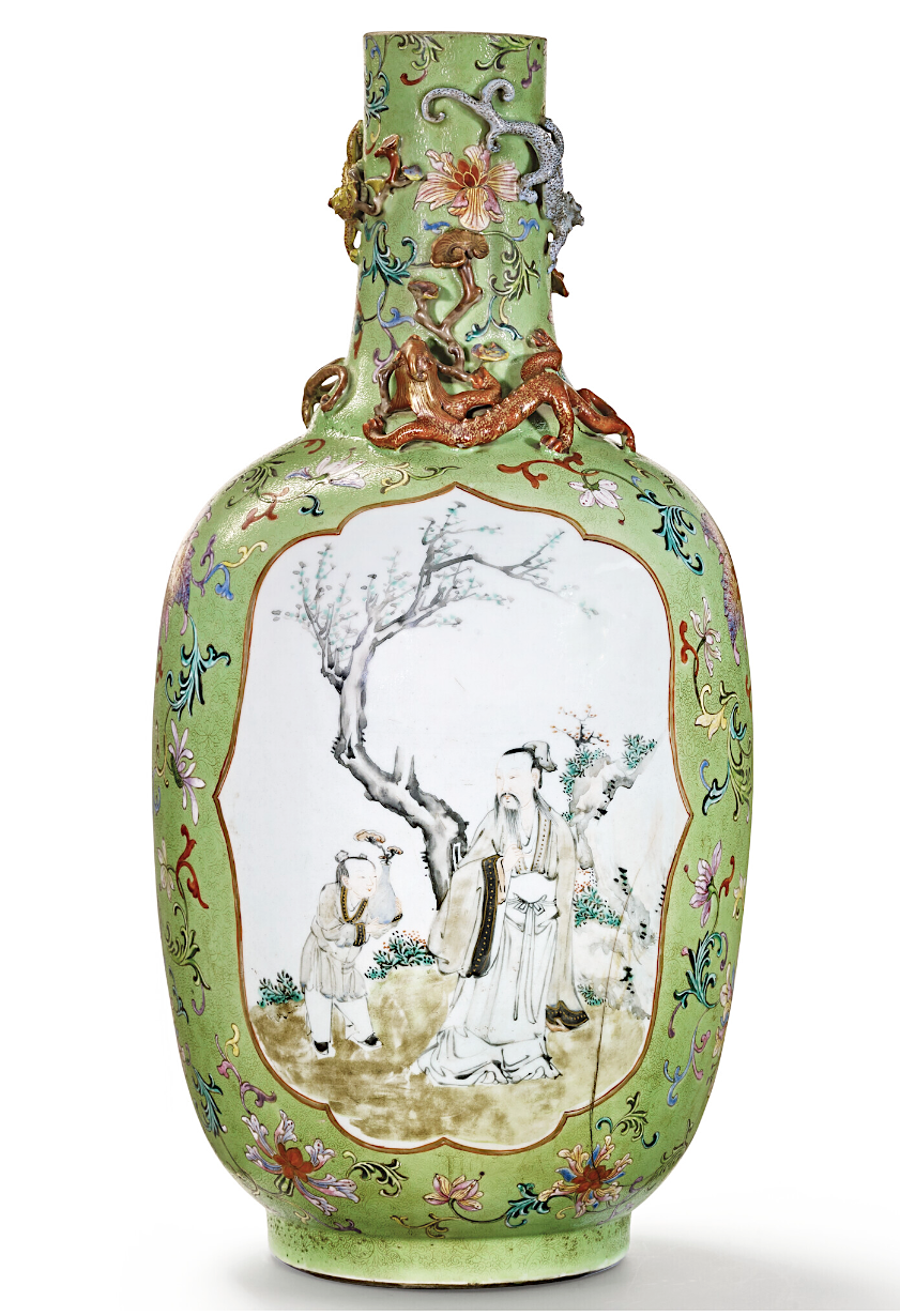 Large yangcai vase adorned with two large, multi-lobed medallions