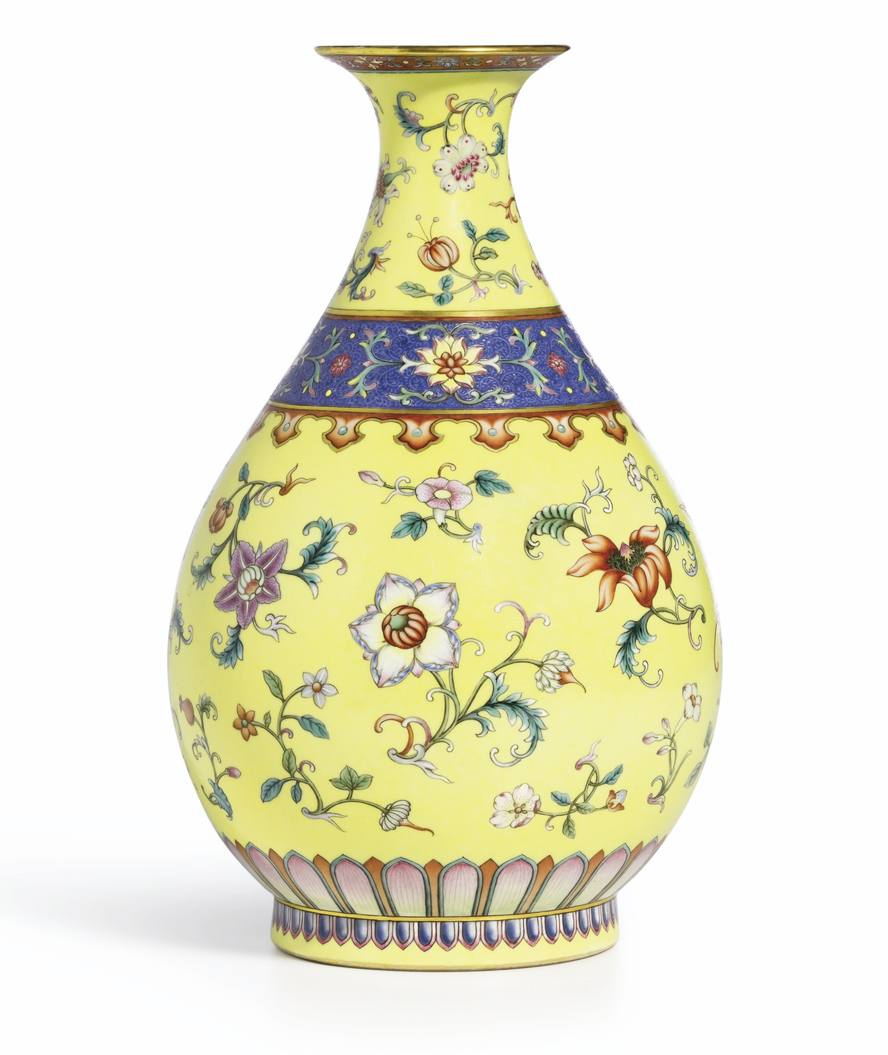 A rare yellow-ground yangcai vase of elegant yuhuchun form