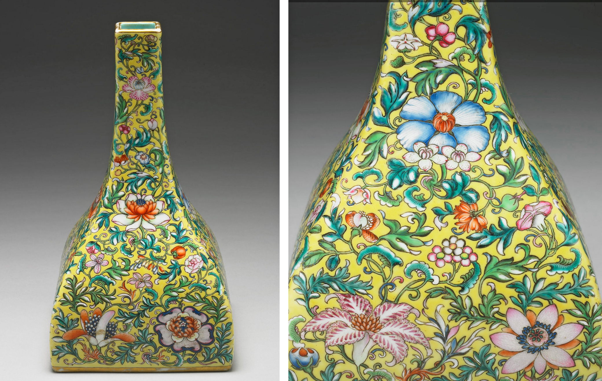 Yangcai Square vase with Western flowers on a yellow ground