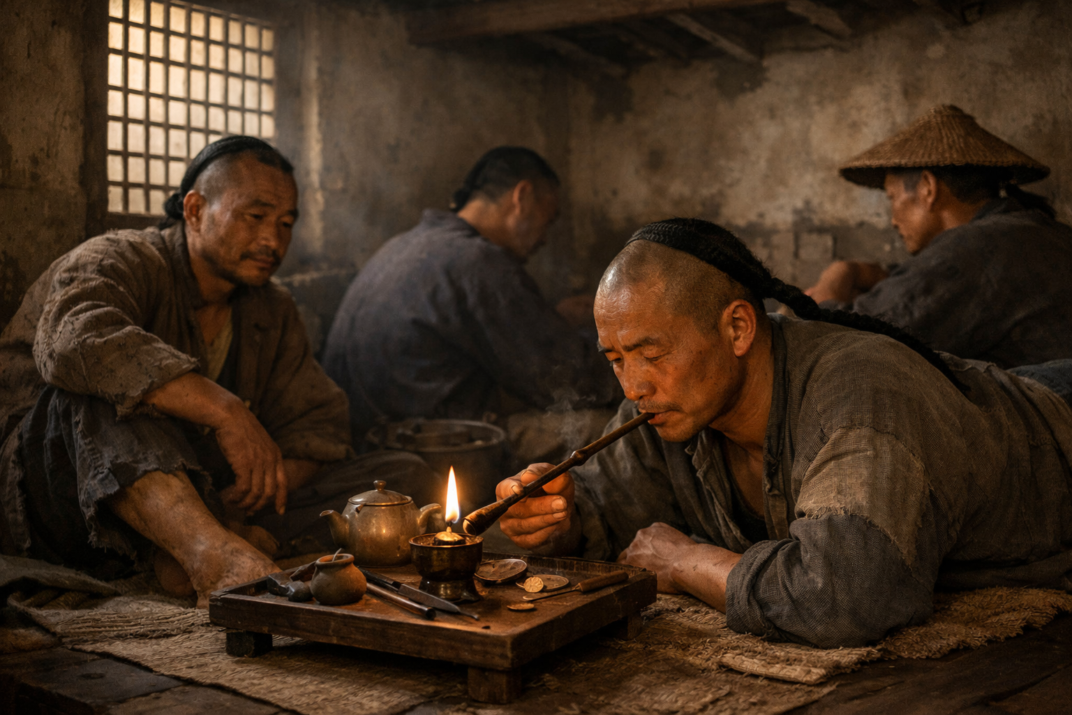 Poor Chinese people smoking opium